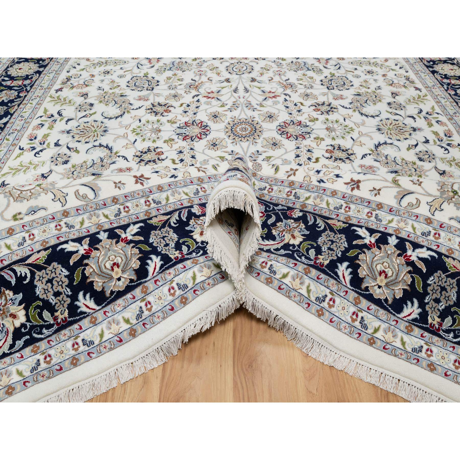 10'2"x14' Alabaster White, Wool and Silk, Nain with All Over Flower Design, 250 KPSI, Hand Knotted, Oriental Rug Sh91057