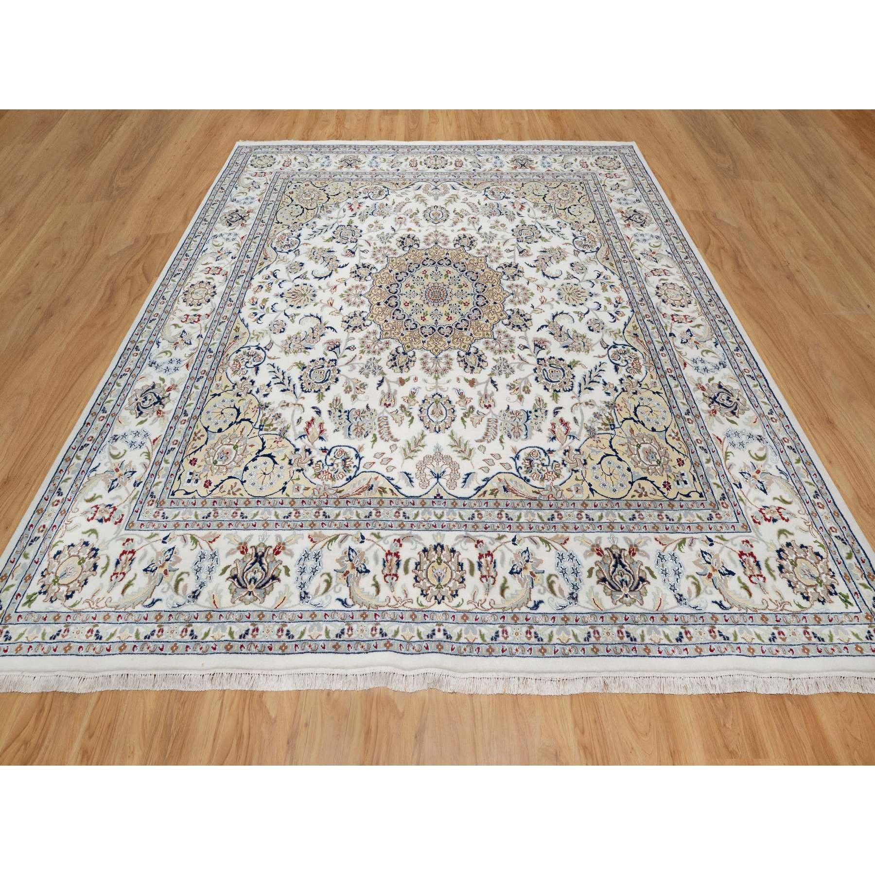 10'2"x10'2" Snow White, 250 KPSI, Hand Knotted, Nain with Flower Medallion Design, Wool and Silk, Square, Oriental Rug Sh91059