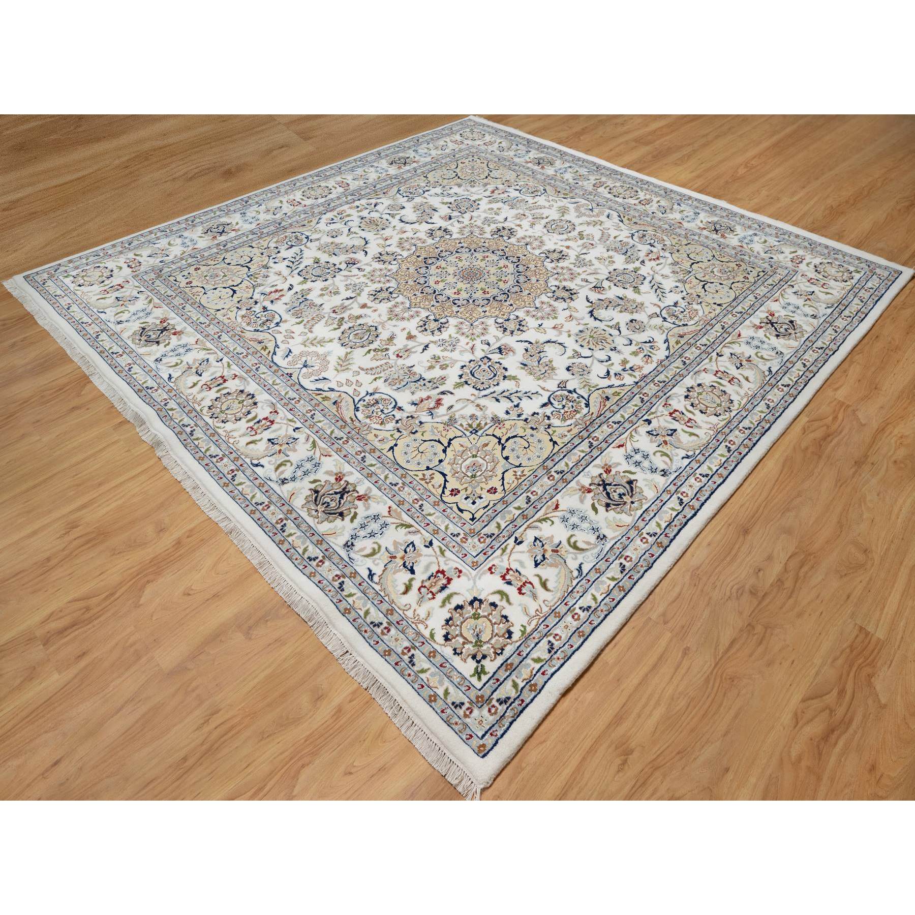 10'2"x10'2" Snow White, 250 KPSI, Hand Knotted, Nain with Flower Medallion Design, Wool and Silk, Square, Oriental Rug Sh91059