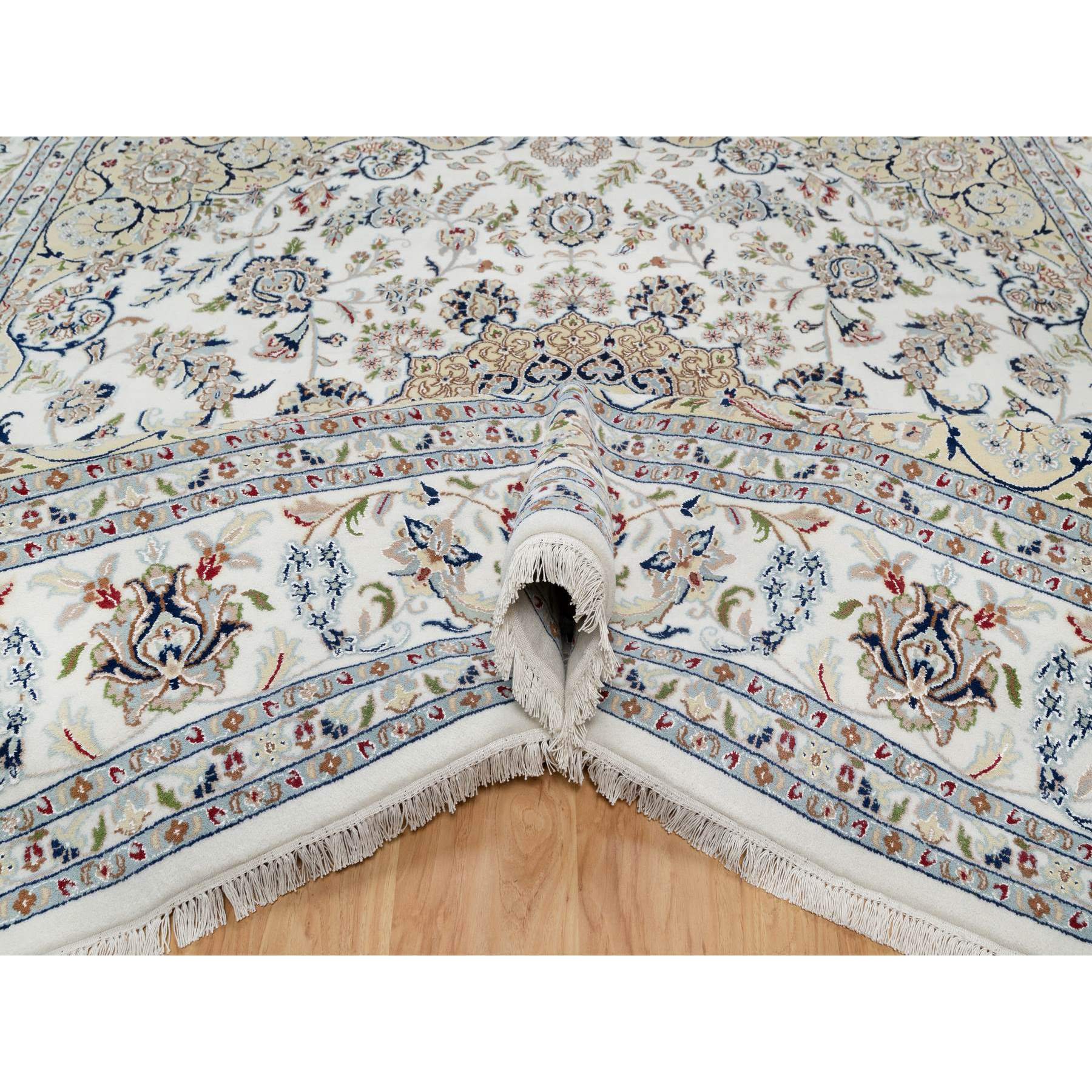 10'2"x10'2" Snow White, 250 KPSI, Hand Knotted, Nain with Flower Medallion Design, Wool and Silk, Square, Oriental Rug Sh91059