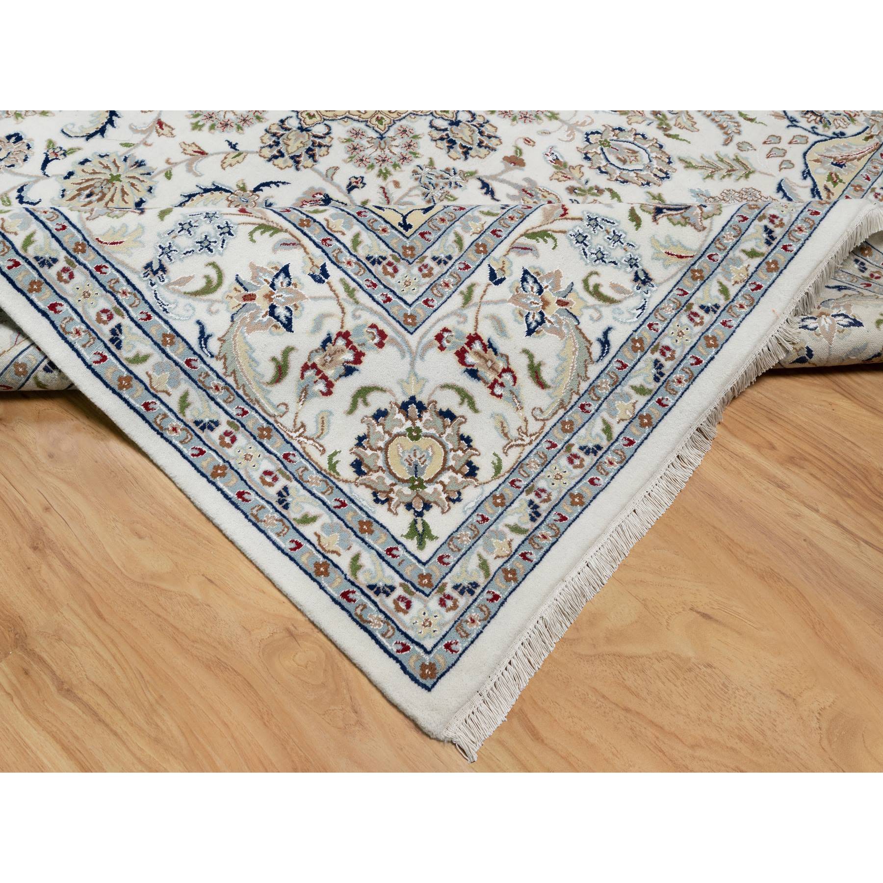 10'2"x10'2" Snow White, 250 KPSI, Hand Knotted, Nain with Flower Medallion Design, Wool and Silk, Square, Oriental Rug Sh91059