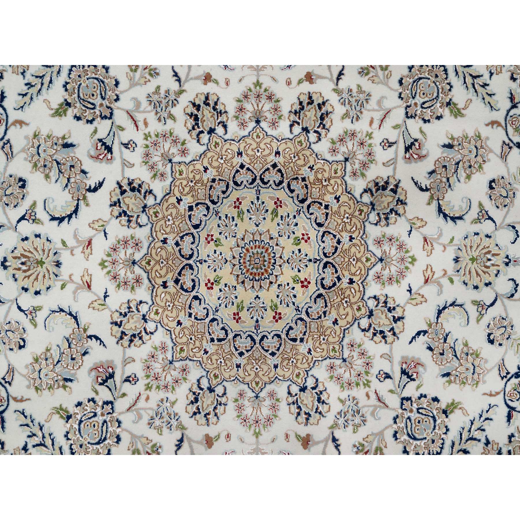 10'2"x10'2" Snow White, 250 KPSI, Hand Knotted, Nain with Flower Medallion Design, Wool and Silk, Square, Oriental Rug Sh91059