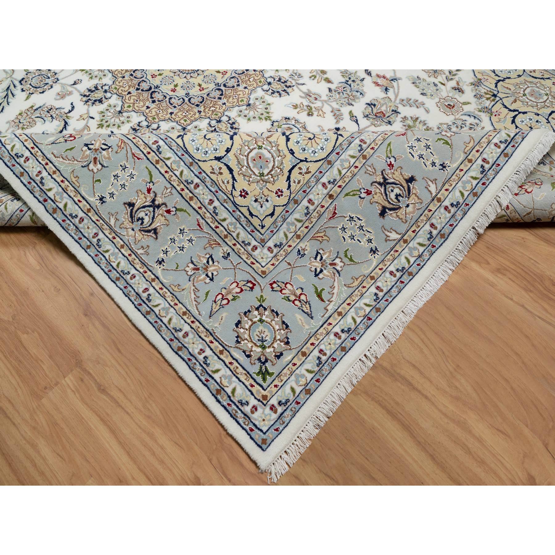 7'8"x10'2" Daisy White, Nain with Center Medallion Design, Hand Knotted, 250 KPSI, Wool and Silk, Oriental Rug Sh91074