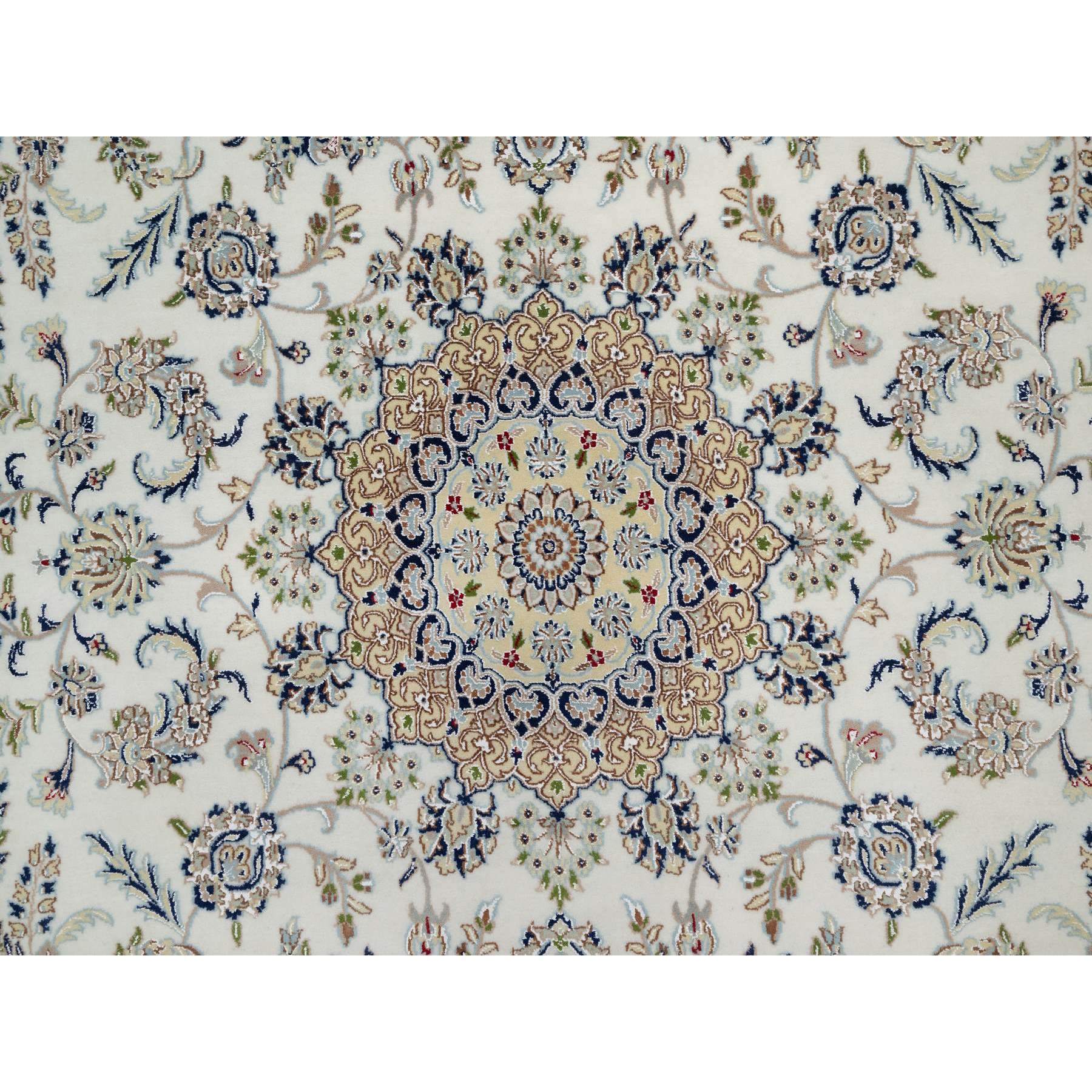 7'8"x10'2" Daisy White, Nain with Center Medallion Design, Hand Knotted, 250 KPSI, Wool and Silk, Oriental Rug Sh91074