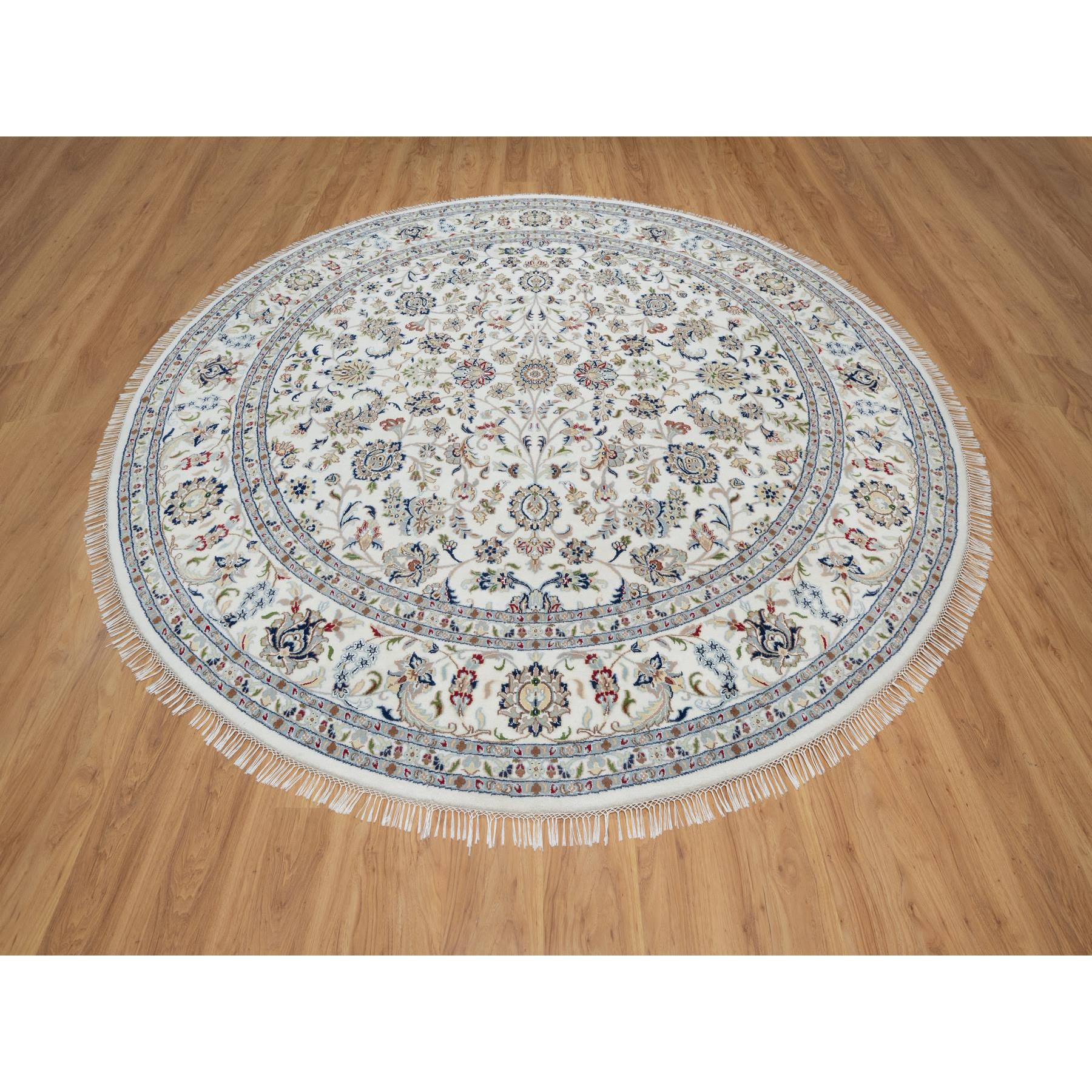 9'8"x9'8" Alabaster White, Nain with All Over Floral Design, Wool and Silk, Hand Knotted, 250 KPSI, Round, Oriental Rug Sh91075