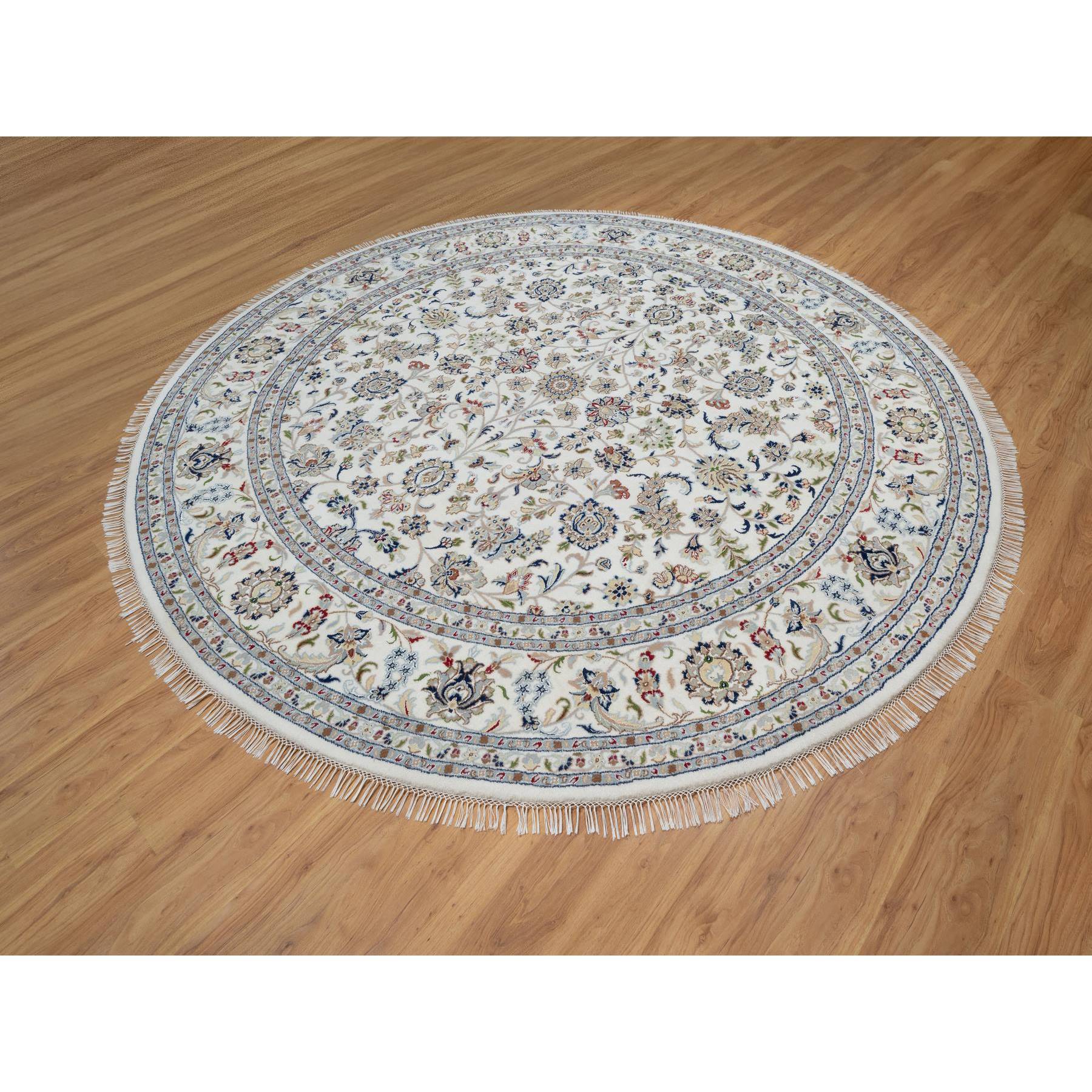 9'8"x9'8" Alabaster White, Nain with All Over Floral Design, Wool and Silk, Hand Knotted, 250 KPSI, Round, Oriental Rug Sh91075