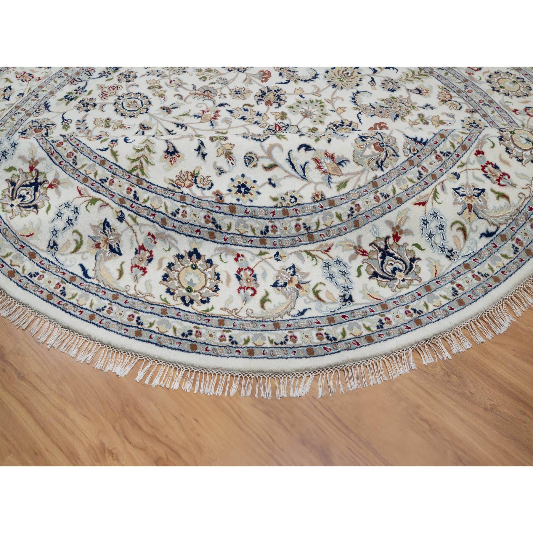 9'8"x9'8" Alabaster White, Nain with All Over Floral Design, Wool and Silk, Hand Knotted, 250 KPSI, Round, Oriental Rug Sh91075