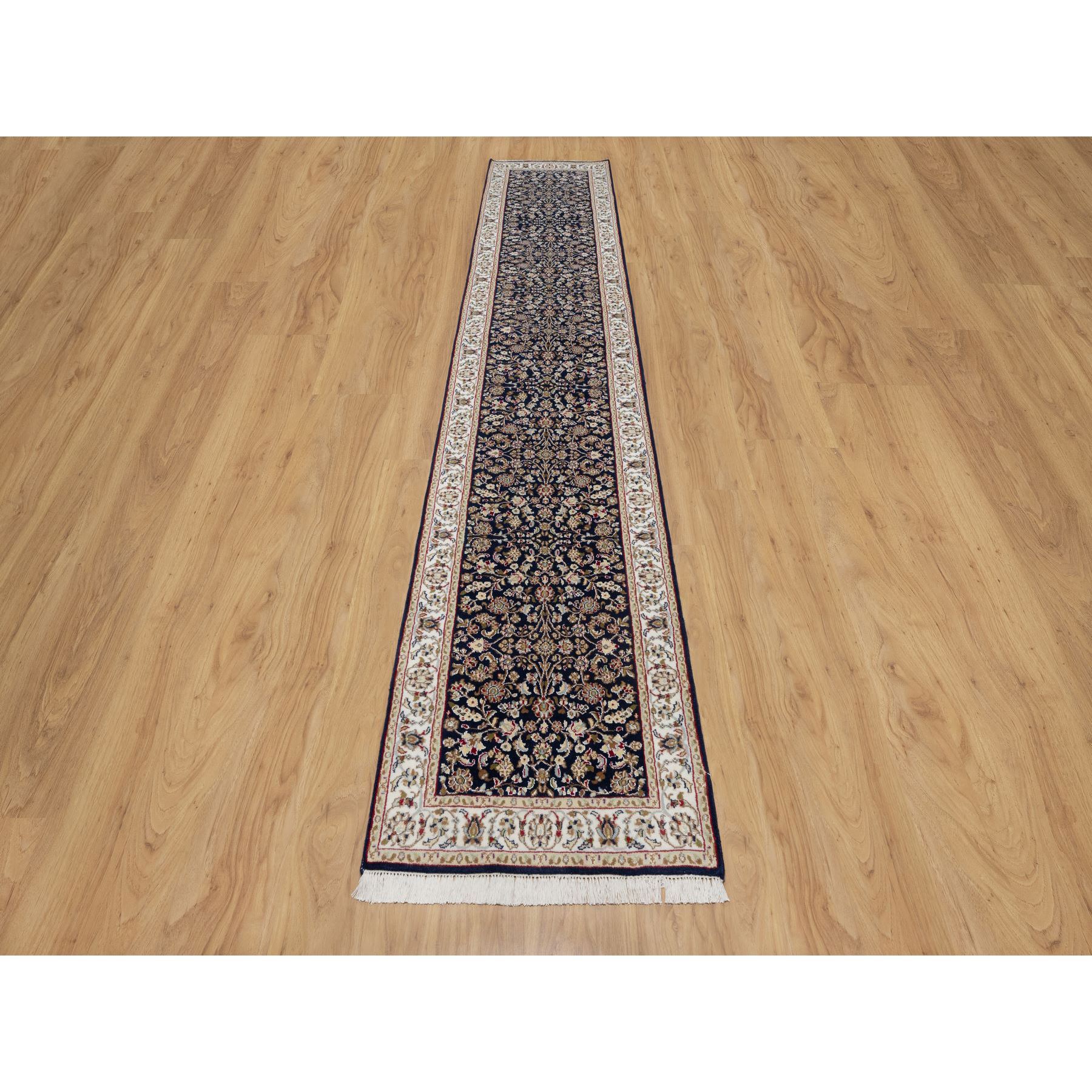 2'6"x13'3" Midnight Blue, Nain with All Over Flower Design, Wool and Silk, 250 KPSI, Hand Knotted, Runner, Oriental Rug Sh91076
