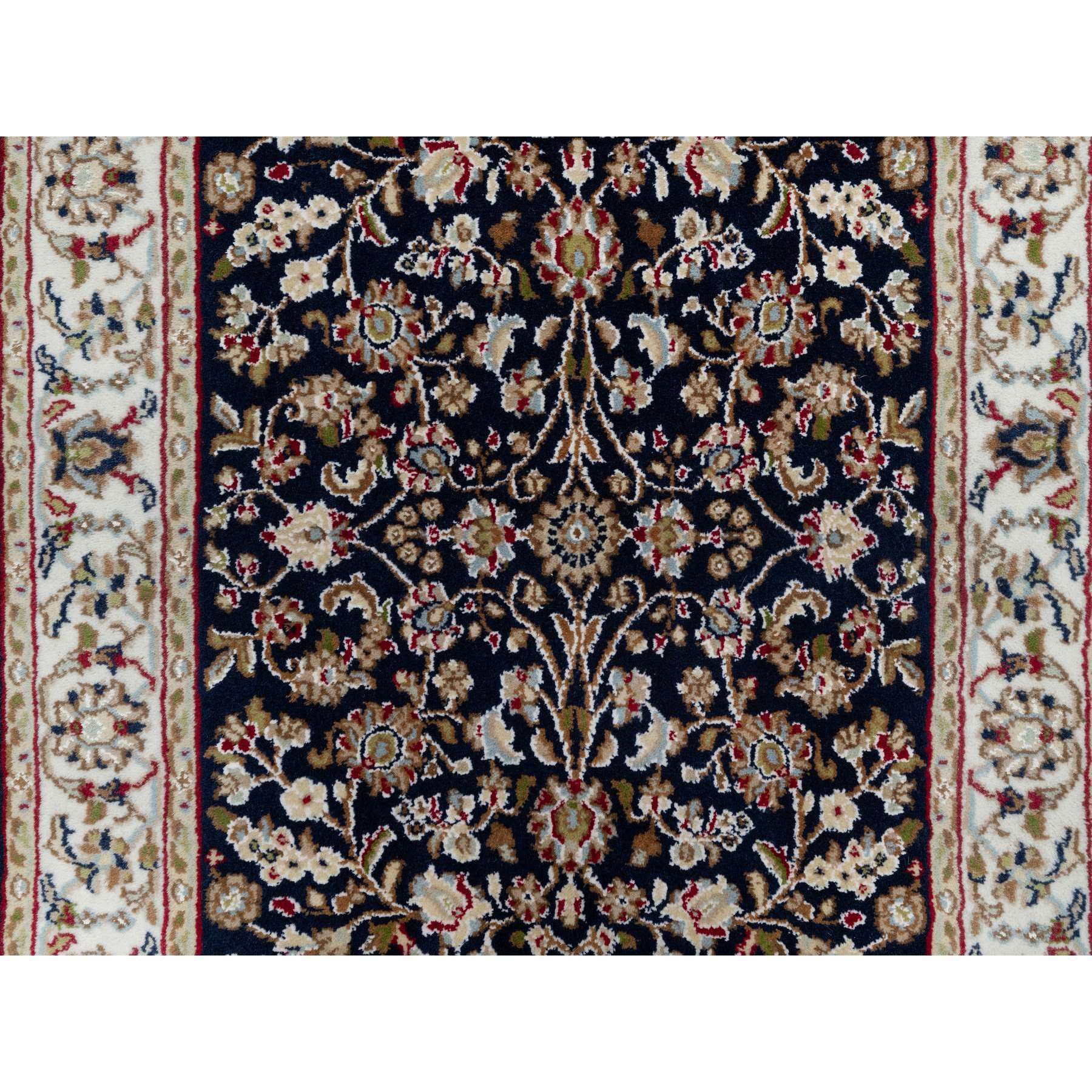2'6"x13'3" Midnight Blue, Nain with All Over Flower Design, Wool and Silk, 250 KPSI, Hand Knotted, Runner, Oriental Rug Sh91076