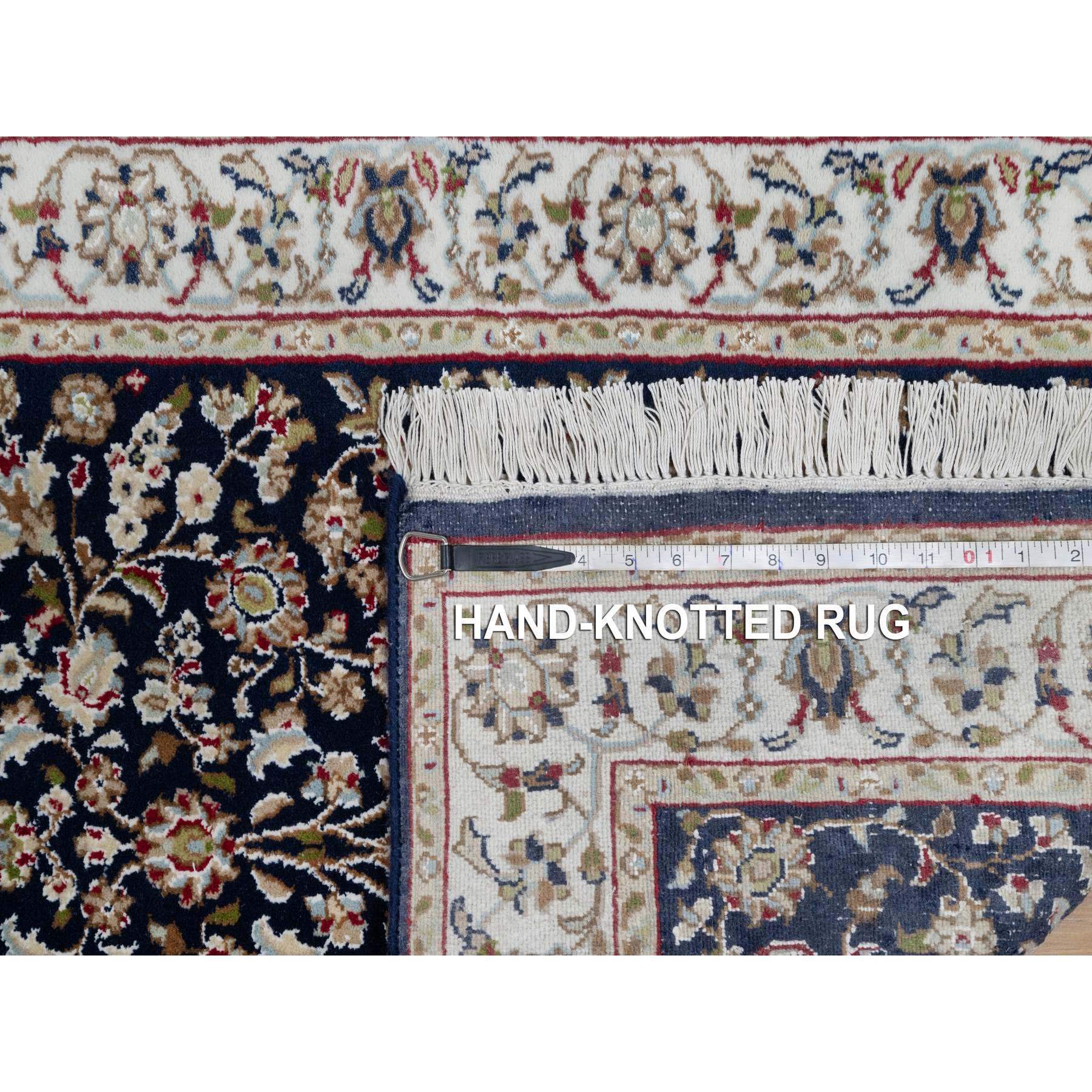 2'6"x13'3" Midnight Blue, Nain with All Over Flower Design, Wool and Silk, 250 KPSI, Hand Knotted, Runner, Oriental Rug Sh91076