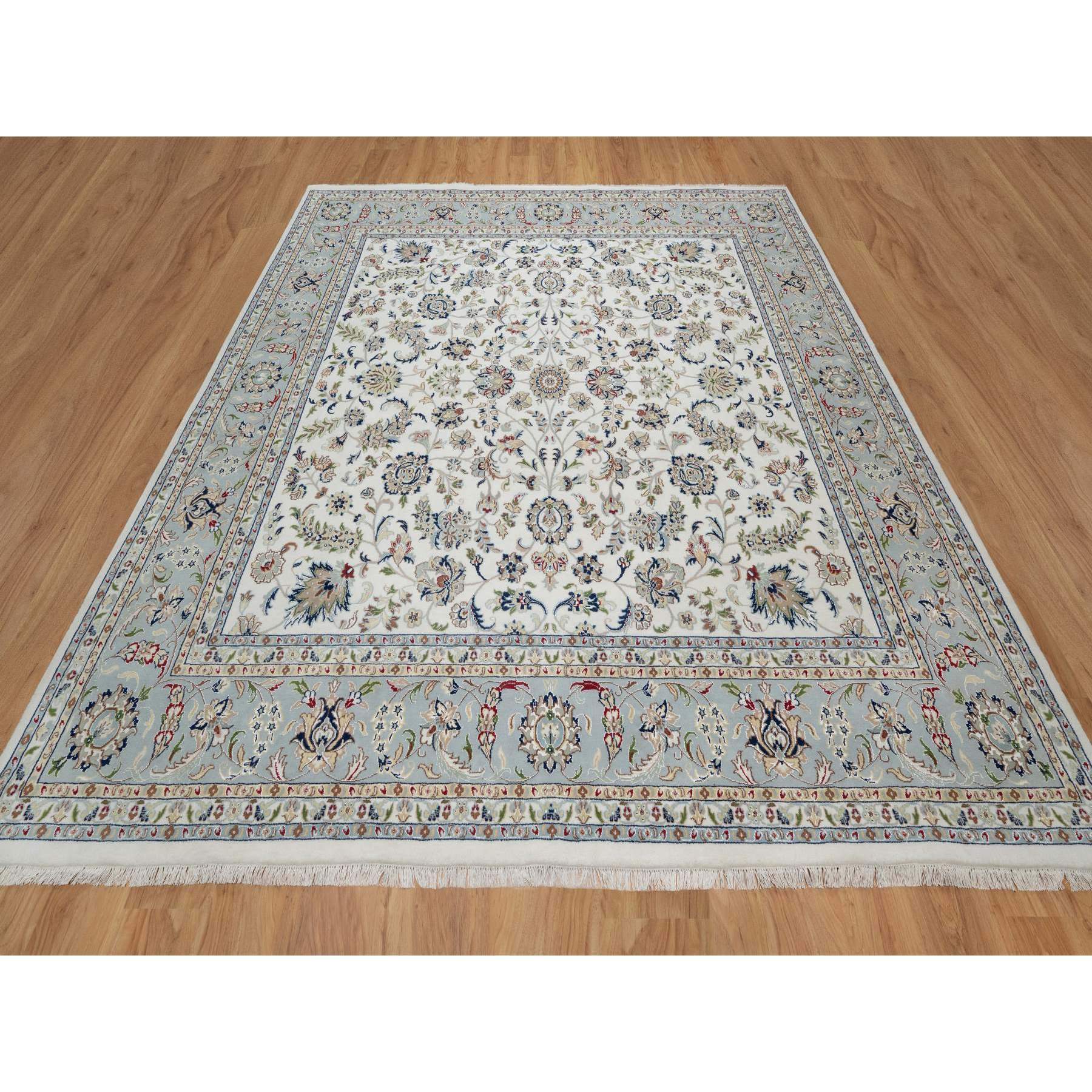 10'2"x10'2" Alabaster White, 250 KPSI, Nain with All Over Flower Design, Wool and Silk, Hand Knotted, Square, Oriental Rug Sh91079