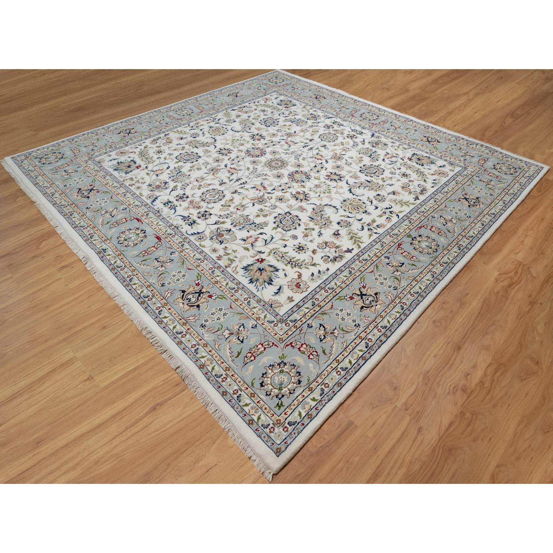 10'2"x10'2" Alabaster White, 250 KPSI, Nain with All Over Flower Design, Wool and Silk, Hand Knotted, Square, Oriental Rug Sh91079