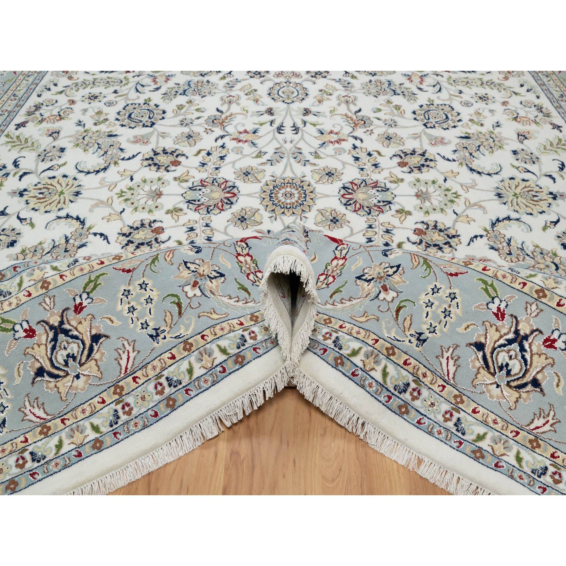 10'2"x10'2" Alabaster White, 250 KPSI, Nain with All Over Flower Design, Wool and Silk, Hand Knotted, Square, Oriental Rug Sh91079