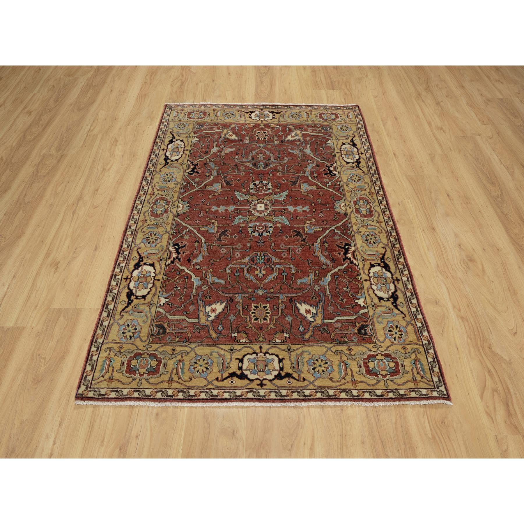 4'2"x6'2" Venetian Red, Antiqued Fine Heriz Re-Creation with All Over Design, Hand Knotted, Soft Pile, Densely Woven, Pure Wool, Oriental Rug Sh91080