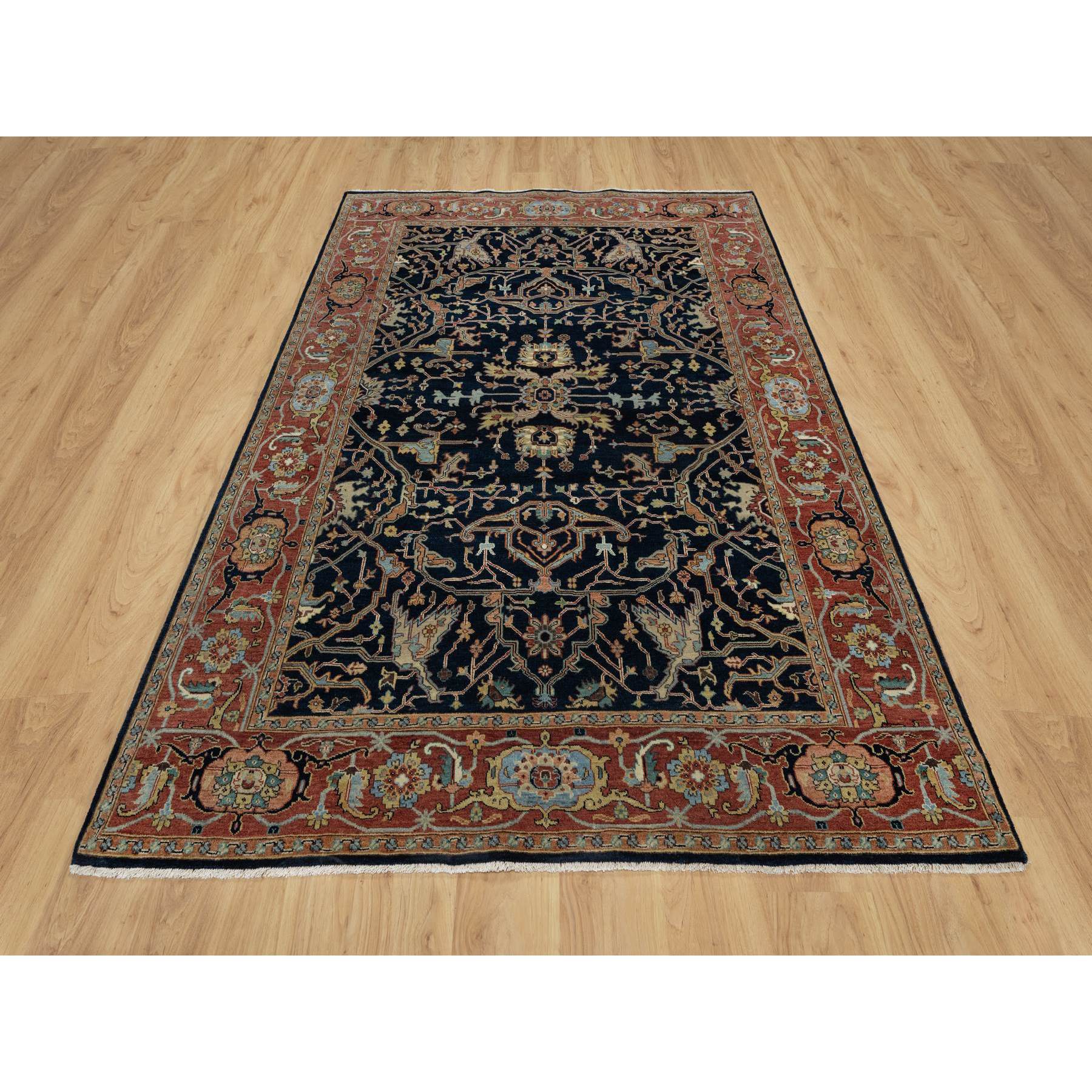6'2"x9'2" Polo Blue, All Over Vines Design, Lush and Plush, Organic Wool, Densely Woven, Antiqued Fine Heriz, Re-Creation, Hand Knotted Oriental Rug Sh91086