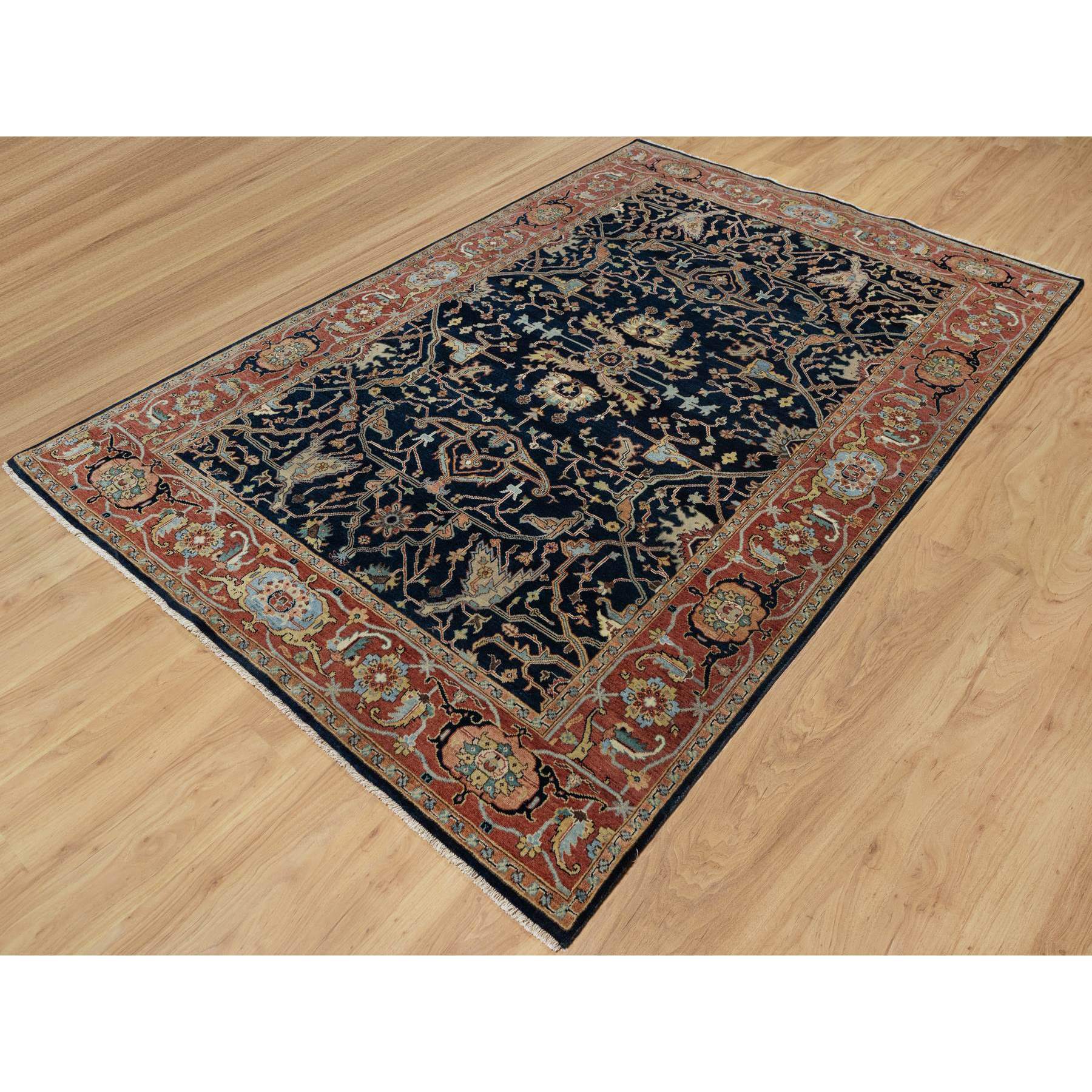 6'2"x9'2" Polo Blue, All Over Vines Design, Lush and Plush, Organic Wool, Densely Woven, Antiqued Fine Heriz, Re-Creation, Hand Knotted Oriental Rug Sh91086