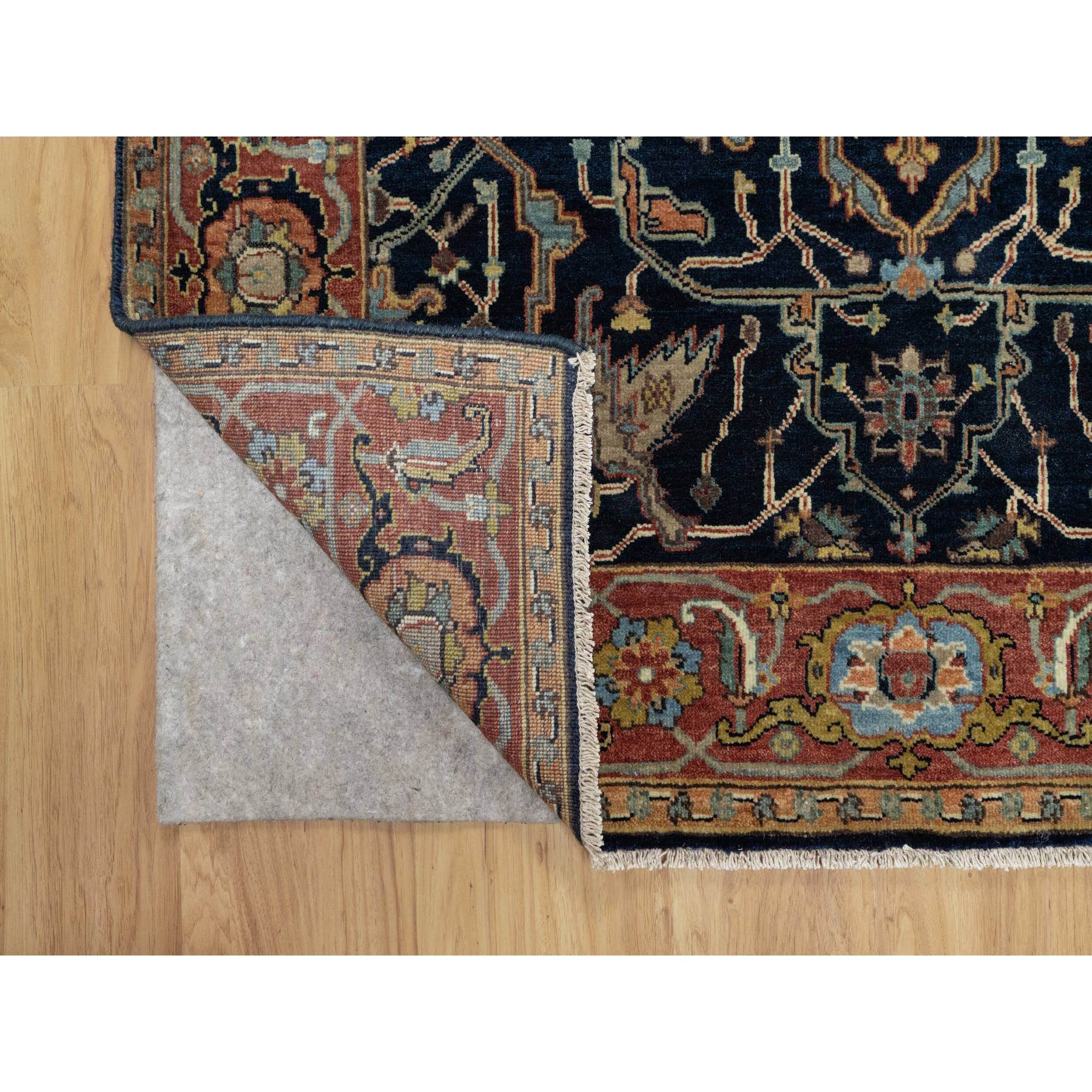 4'2"x10'2" Oxford Blue, Antiqued Fine Heriz Re-Creation With All Over Vines Design, Hand Knotted, Denser Weave, Vegetable Dyes, Natural Wool, Runner, Oriental Rug Sh91088