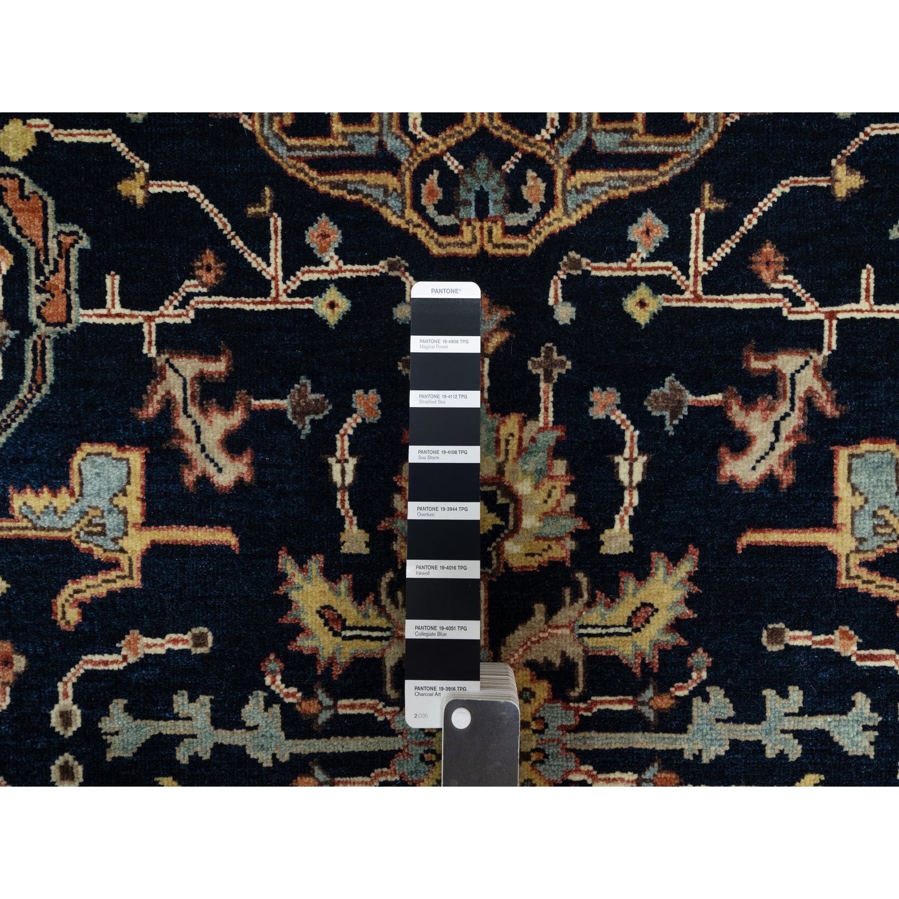 4'2"x10'2" Oxford Blue, Antiqued Fine Heriz Re-Creation With All Over Vines Design, Hand Knotted, Denser Weave, Vegetable Dyes, Natural Wool, Runner, Oriental Rug Sh91088