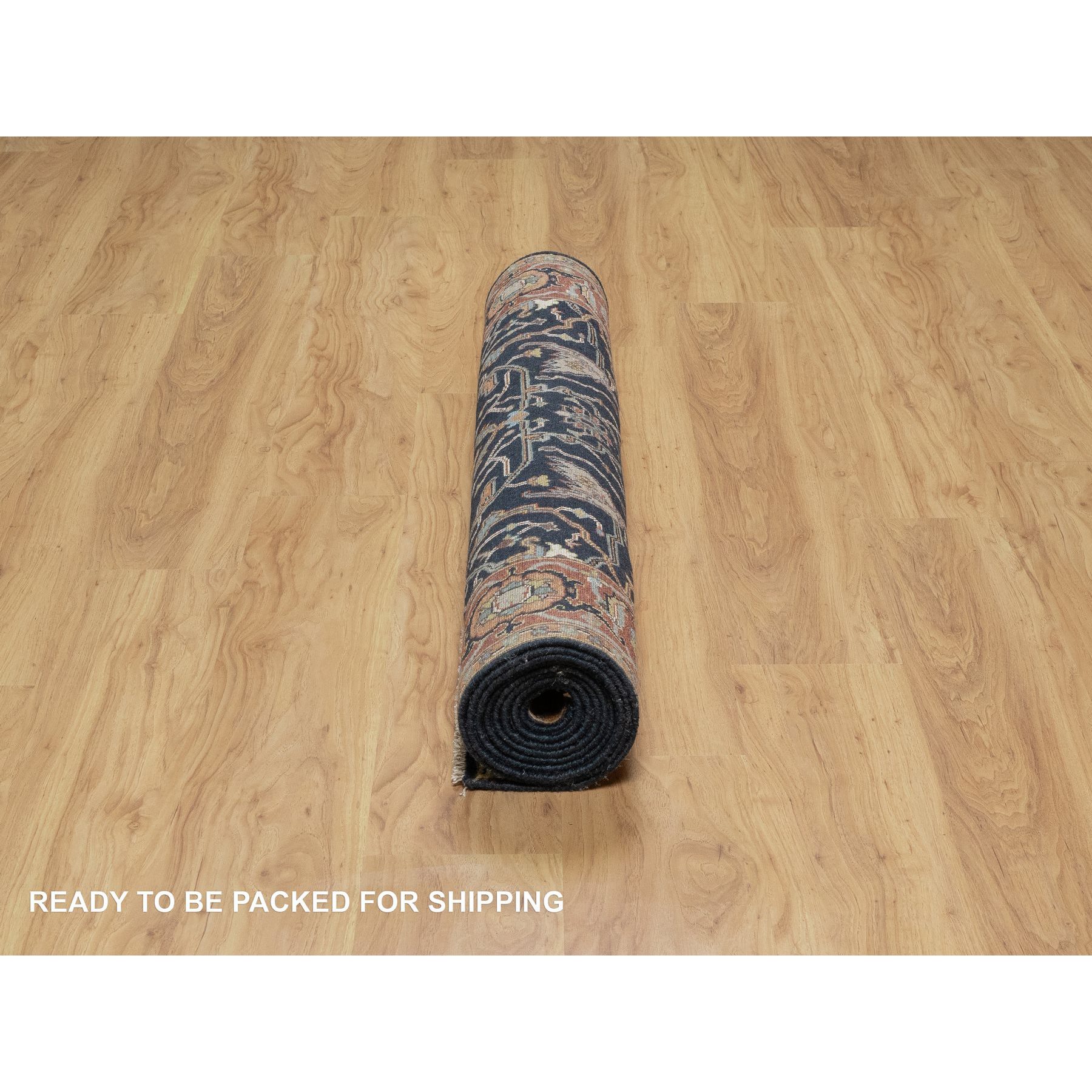 4'2"x10'2" Oxford Blue, Antiqued Fine Heriz Re-Creation With All Over Vines Design, Hand Knotted, Denser Weave, Vegetable Dyes, Natural Wool, Runner, Oriental Rug Sh91088
