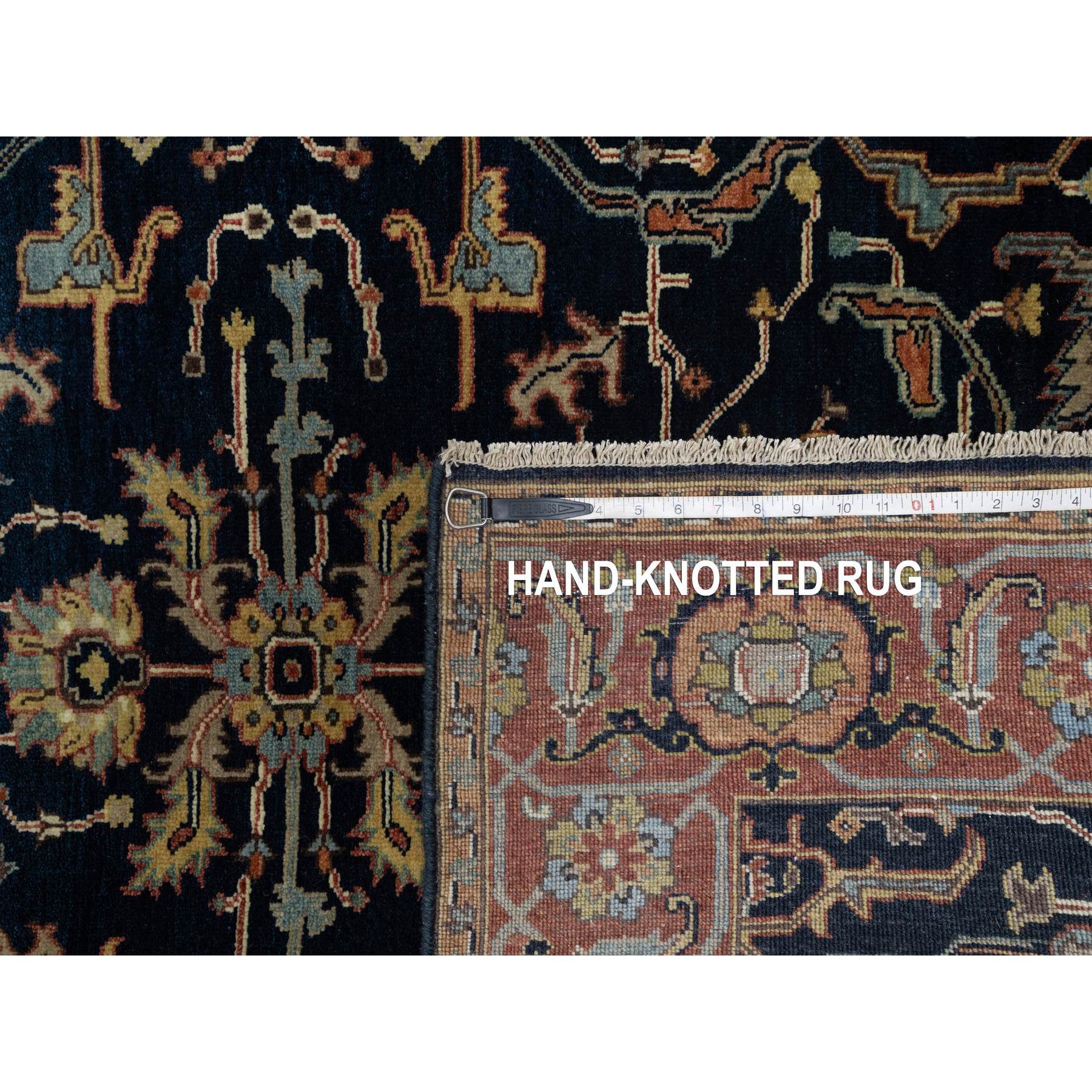 4'2"x10'2" Oxford Blue, Antiqued Fine Heriz Re-Creation With All Over Vines Design, Hand Knotted, Denser Weave, Vegetable Dyes, Natural Wool, Runner, Oriental Rug Sh91088