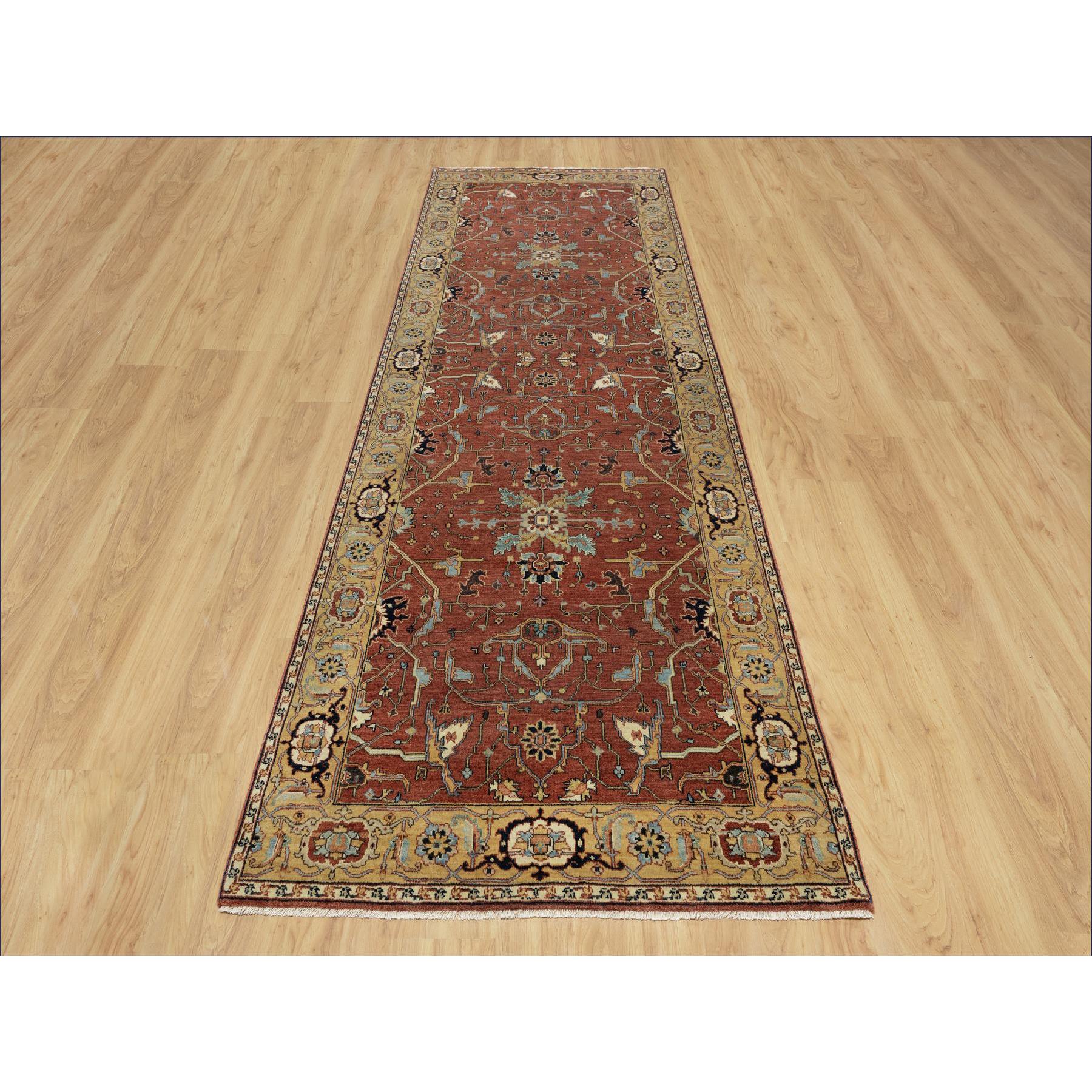 4'2"x12'1" Berry Red, Densely Woven, Hand Knotted, Antiqued Fine Heriz Re-Creation, All Over Pattern, Organic Wool, Natural Dyes, Soft Pile, Wide Runner, Oriental Rug Sh91090