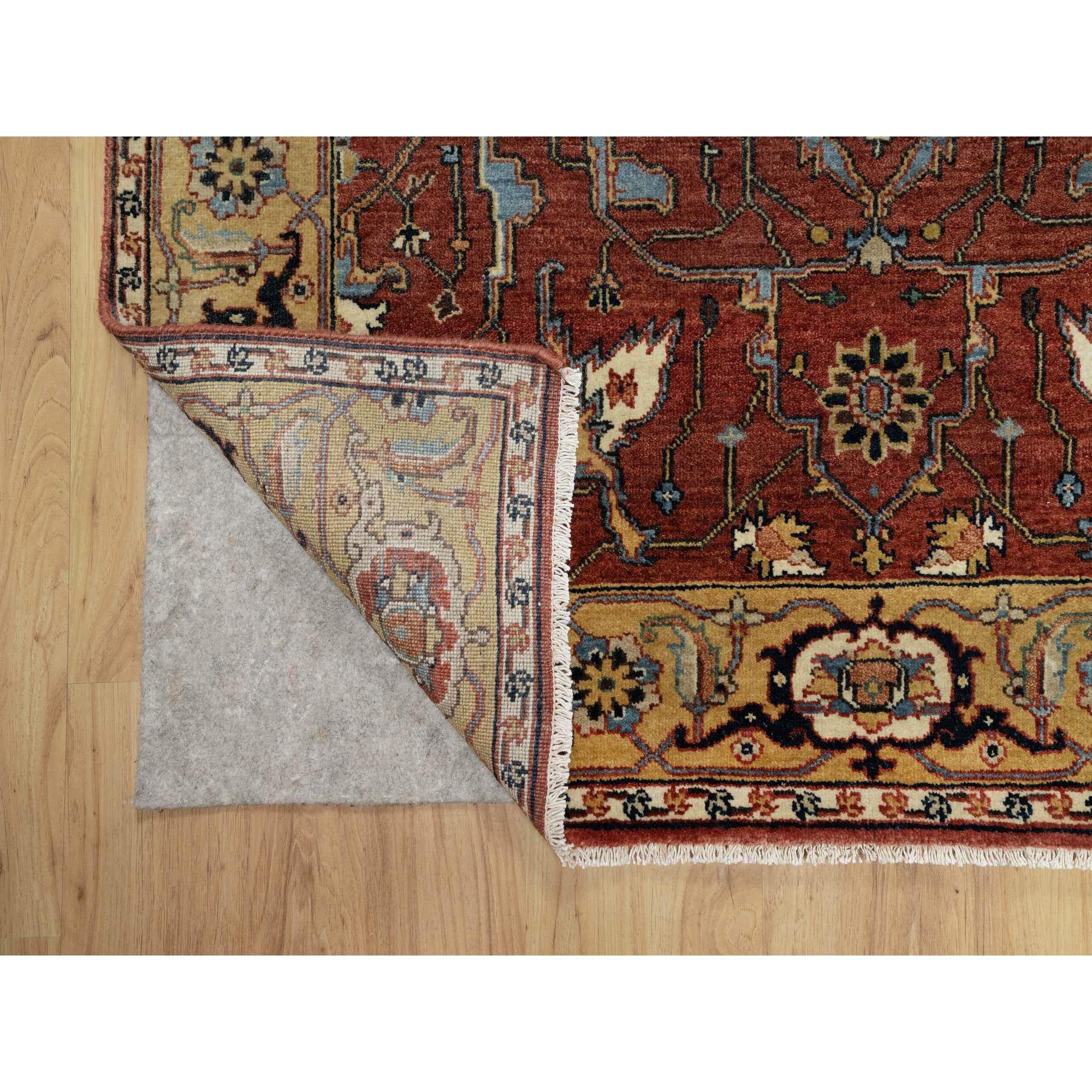 4'2"x12'1" Berry Red, Densely Woven, Hand Knotted, Antiqued Fine Heriz Re-Creation, All Over Pattern, Organic Wool, Natural Dyes, Soft Pile, Wide Runner, Oriental Rug Sh91090