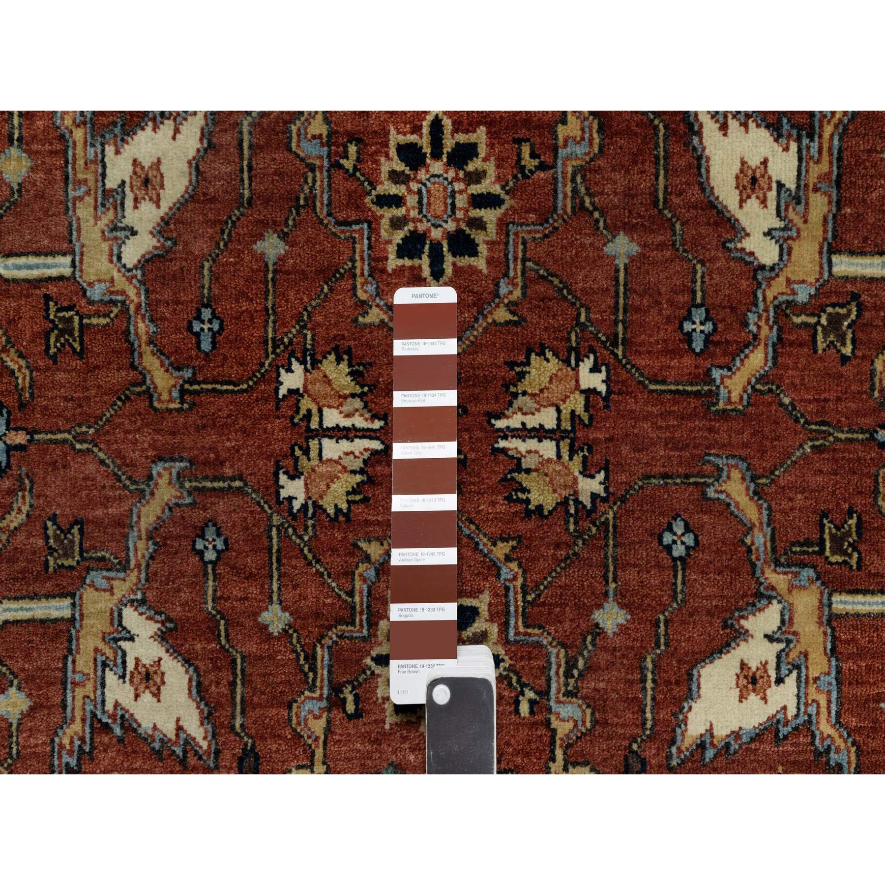 4'2"x12'1" Berry Red, Densely Woven, Hand Knotted, Antiqued Fine Heriz Re-Creation, All Over Pattern, Organic Wool, Natural Dyes, Soft Pile, Wide Runner, Oriental Rug Sh91090