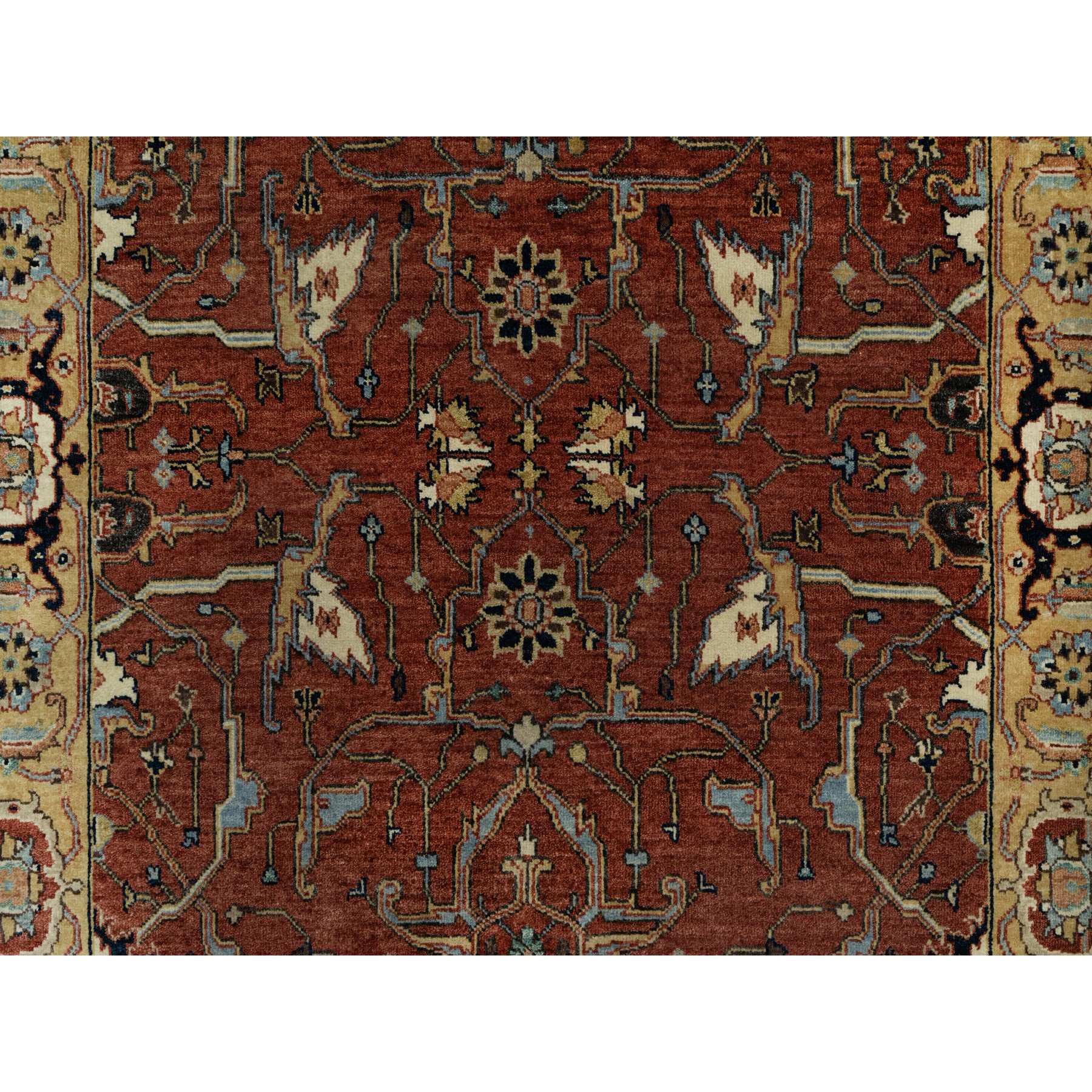 4'2"x12'1" Berry Red, Densely Woven, Hand Knotted, Antiqued Fine Heriz Re-Creation, All Over Pattern, Organic Wool, Natural Dyes, Soft Pile, Wide Runner, Oriental Rug Sh91090