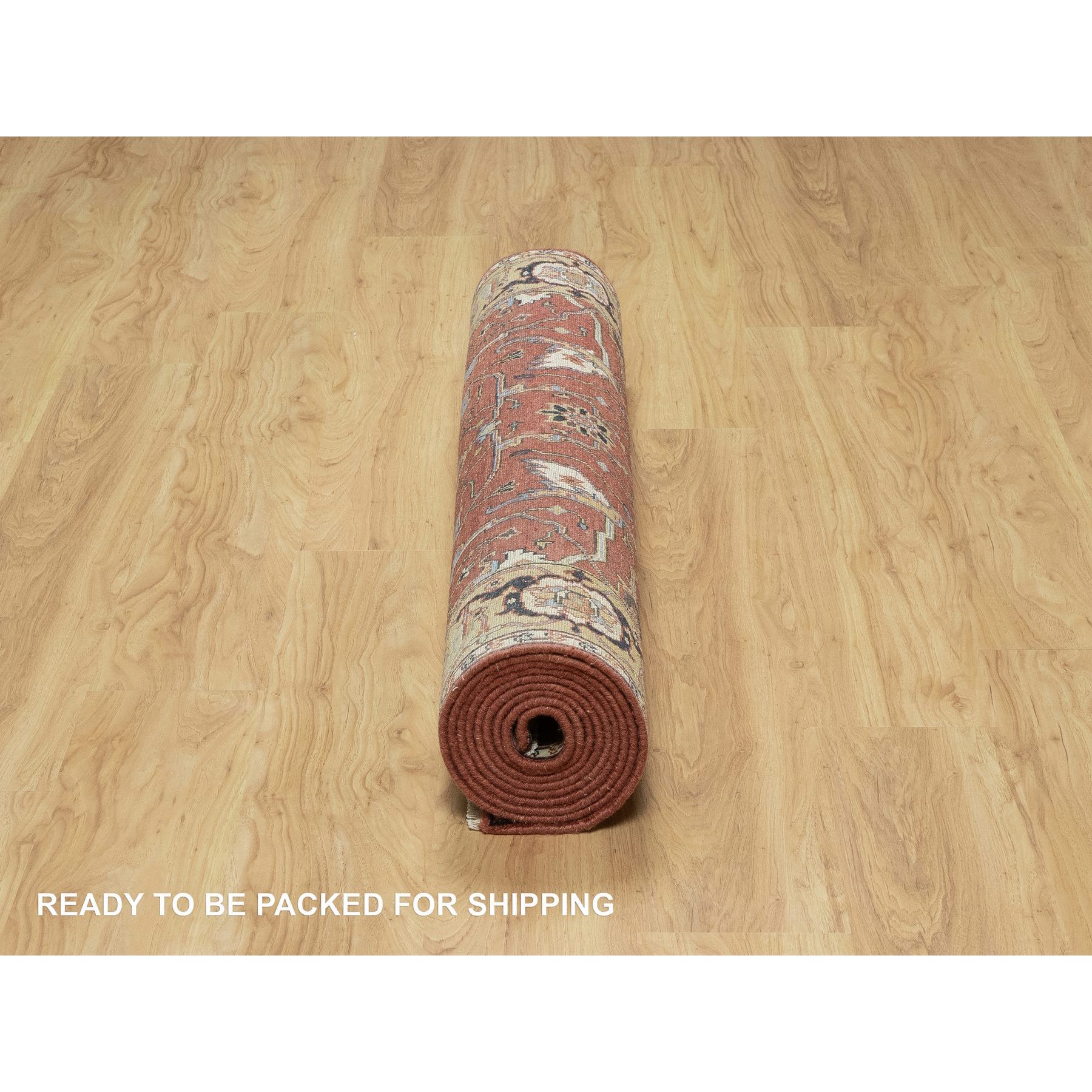 4'2"x12'1" Berry Red, Densely Woven, Hand Knotted, Antiqued Fine Heriz Re-Creation, All Over Pattern, Organic Wool, Natural Dyes, Soft Pile, Wide Runner, Oriental Rug Sh91090