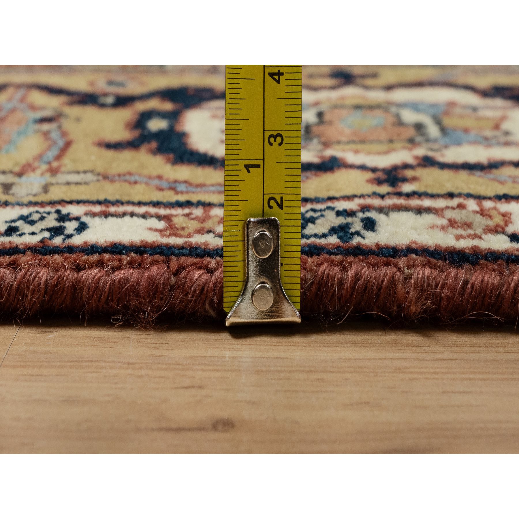 4'2"x12'1" Berry Red, Densely Woven, Hand Knotted, Antiqued Fine Heriz Re-Creation, All Over Pattern, Organic Wool, Natural Dyes, Soft Pile, Wide Runner, Oriental Rug Sh91090