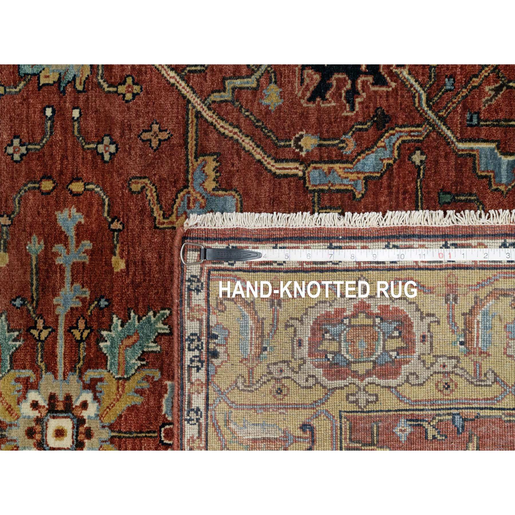 4'2"x12'1" Berry Red, Densely Woven, Hand Knotted, Antiqued Fine Heriz Re-Creation, All Over Pattern, Organic Wool, Natural Dyes, Soft Pile, Wide Runner, Oriental Rug Sh91090