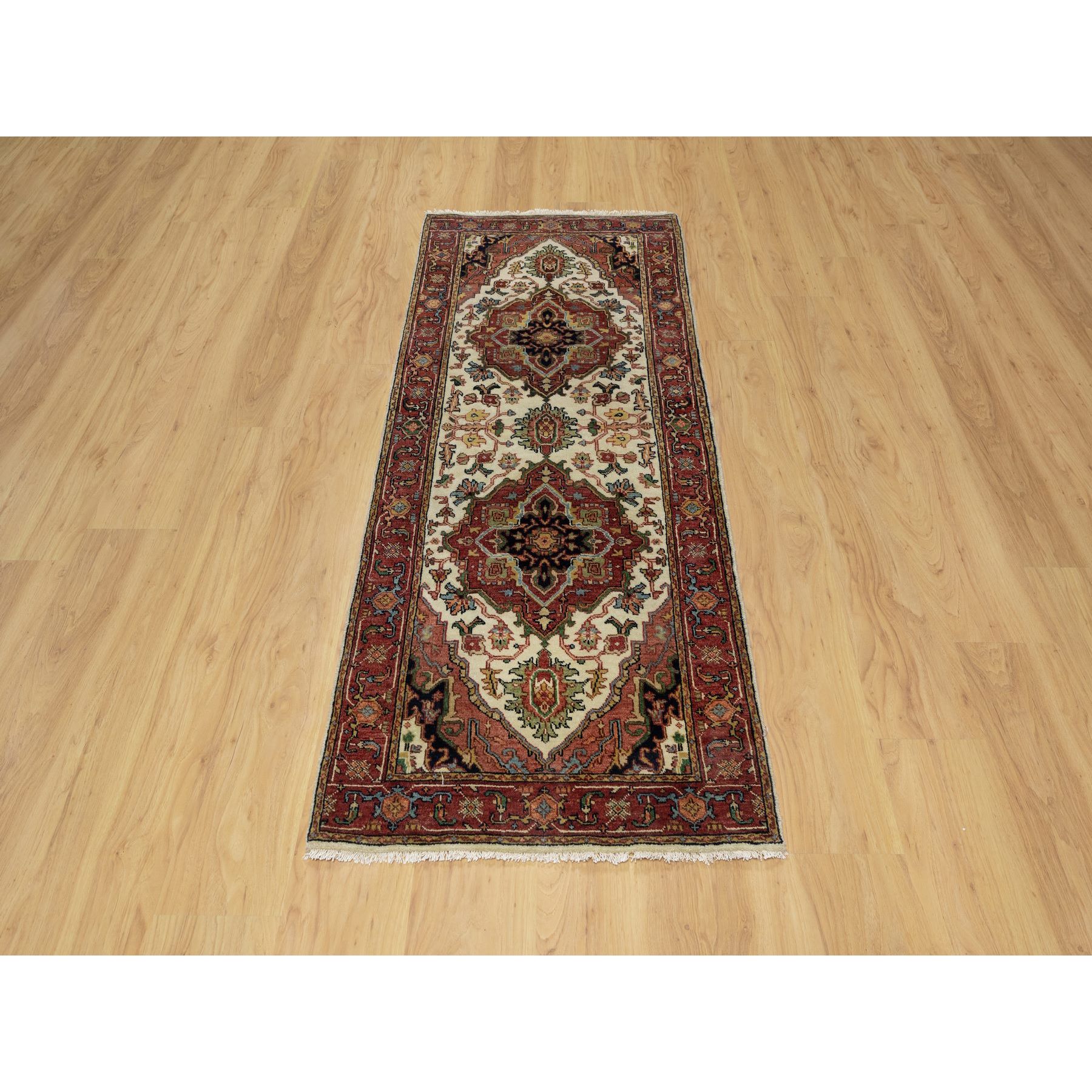 2'7"x6'2" Chiffon White with Red, Antiqued Fine Heriz Re-Creation with Medallion Design, Denser Weave, Hand Spun New Zealand Wool, Hand Knotted, Runner, Oriental Rug Sh91091
