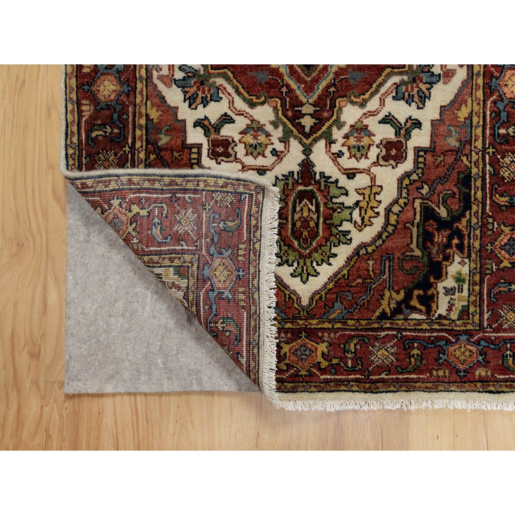 2'7"x6'2" Chiffon White with Red, Antiqued Fine Heriz Re-Creation with Medallion Design, Denser Weave, Hand Spun New Zealand Wool, Hand Knotted, Runner, Oriental Rug Sh91091