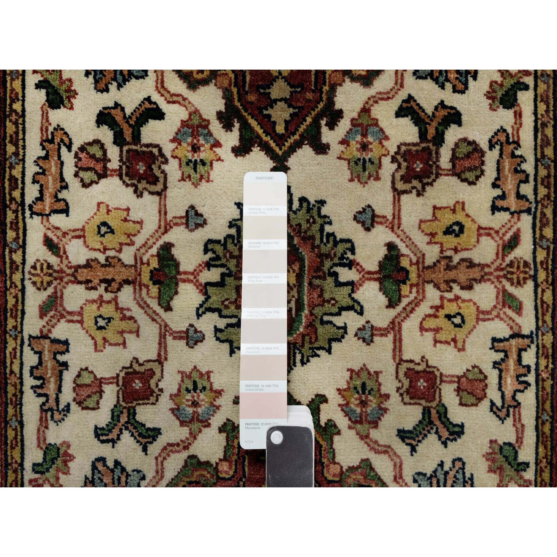 2'7"x6'2" Chiffon White with Red, Antiqued Fine Heriz Re-Creation with Medallion Design, Denser Weave, Hand Spun New Zealand Wool, Hand Knotted, Runner, Oriental Rug Sh91091