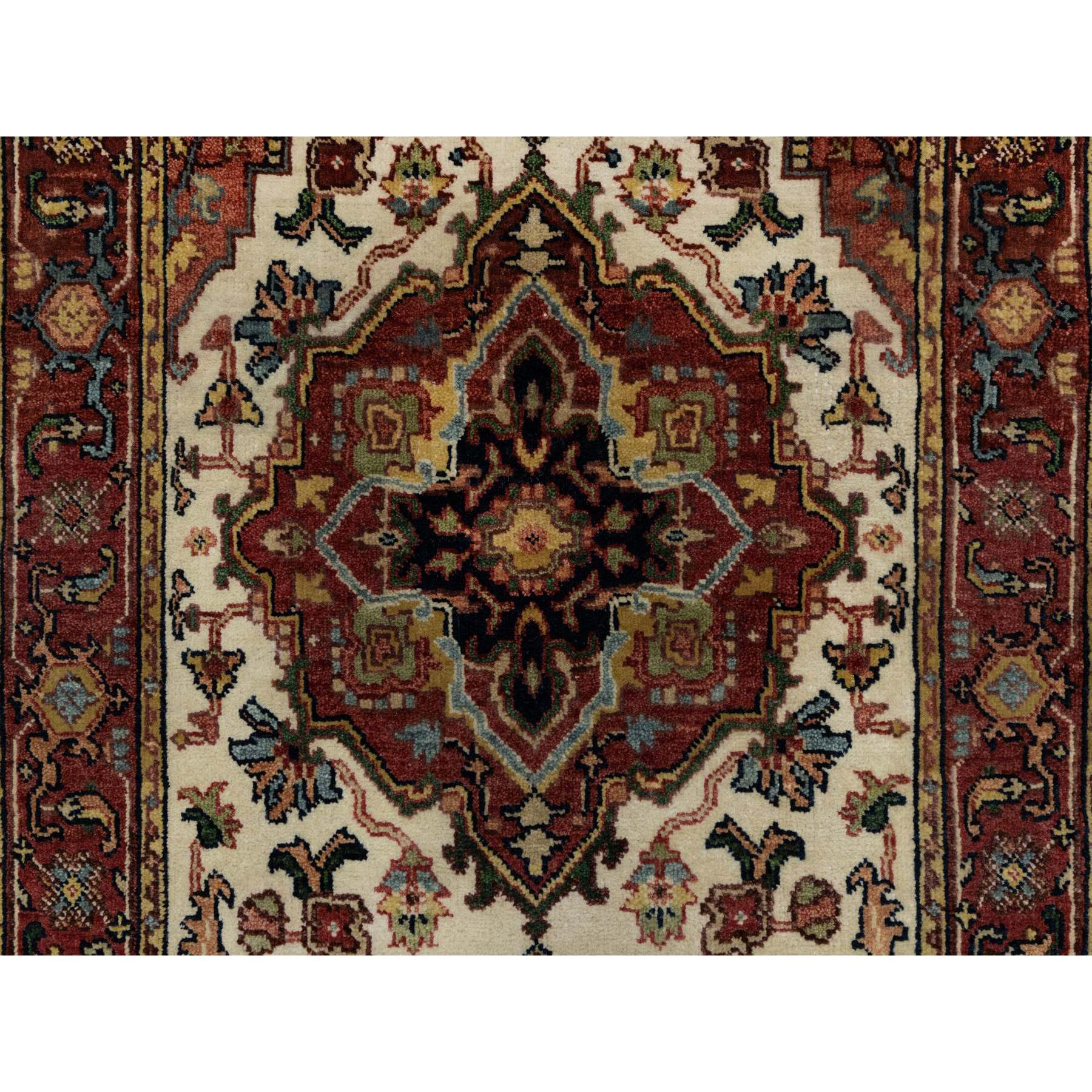 2'7"x6'2" Chiffon White with Red, Antiqued Fine Heriz Re-Creation with Medallion Design, Denser Weave, Hand Spun New Zealand Wool, Hand Knotted, Runner, Oriental Rug Sh91091