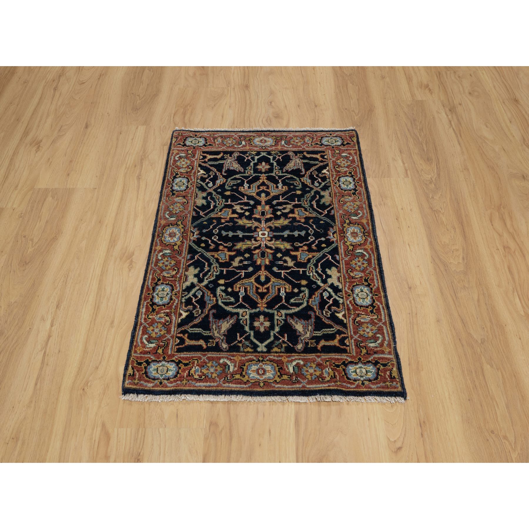 2'x3'2" Caviar Blue, Natural Dyes, All Wool, Antiqued Fine Heriz Re-Creation, Hand Knotted, All Over Vines Design, Denser Weave, Mat, Oriental Rug Sh91094