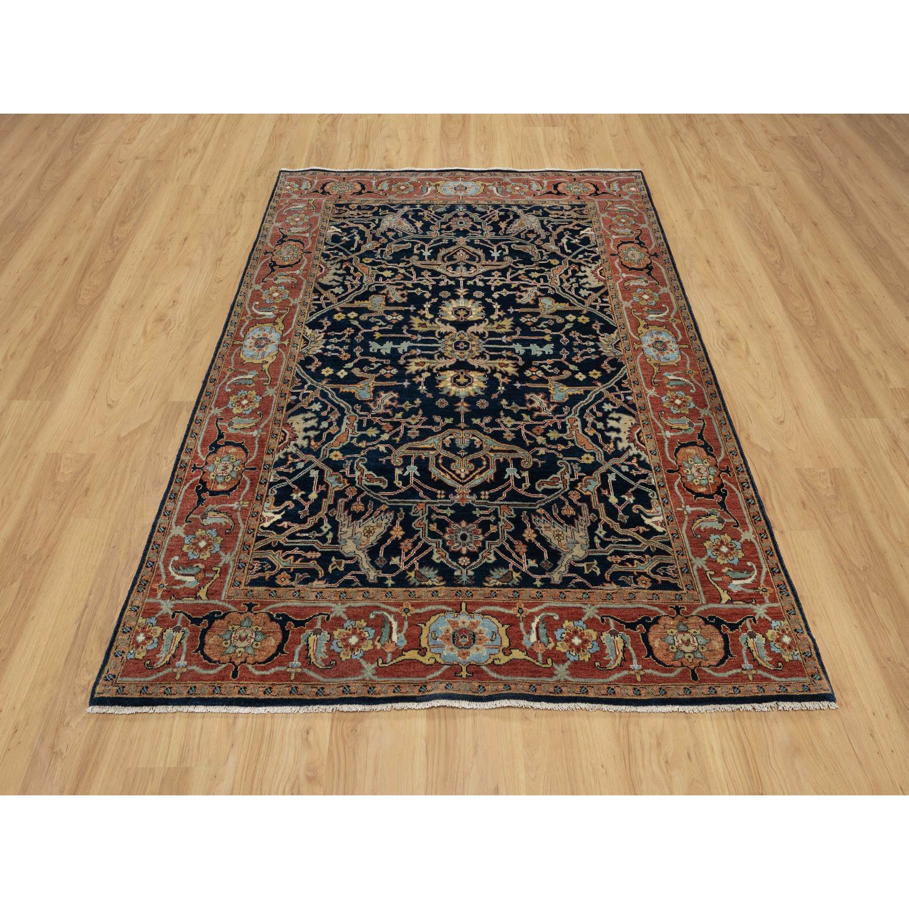 5'x7'2" Caviar Blue, Natural Dyes, All Wool, Antiqued Fine Heriz Re-Creation, Hand Knotted, All Over Vines Design, Denser Weave, Oriental Rug Sh91099