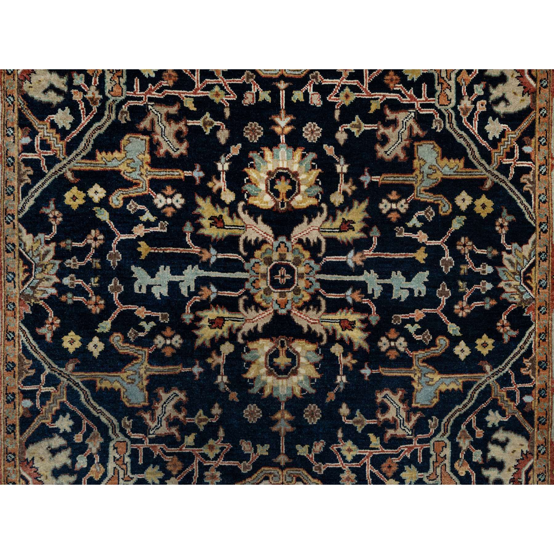 5'x7'2" Caviar Blue, Natural Dyes, All Wool, Antiqued Fine Heriz Re-Creation, Hand Knotted, All Over Vines Design, Denser Weave, Oriental Rug Sh91099