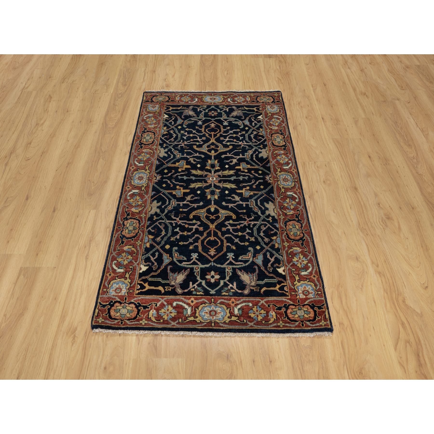 3'1"x5'2" Midnight Blue, All Over Vines Design, Lush and Plush, Organic Wool, Densely Woven, Antiqued Fine Heriz, Re-Creation, Hand Knotted Oriental Rug Sh91101