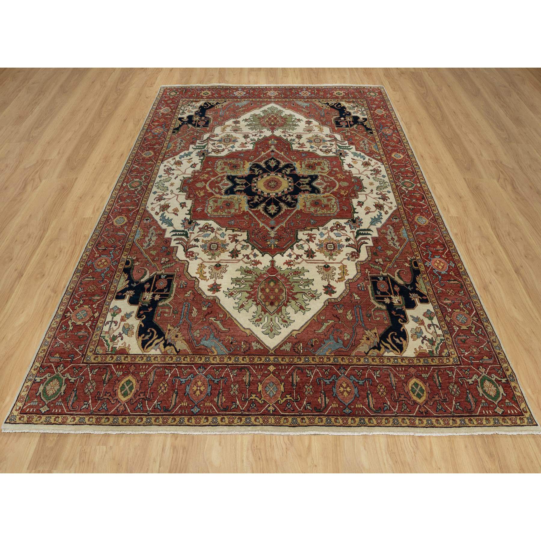 8'2"x10'2" Alabaster White with Red, Denser Weave, Antiqued Fine Heriz Re-Creation with Medallion Design, Hand Spun New Zealand Wool, Hand Knotted, Oriental Rug Sh91104