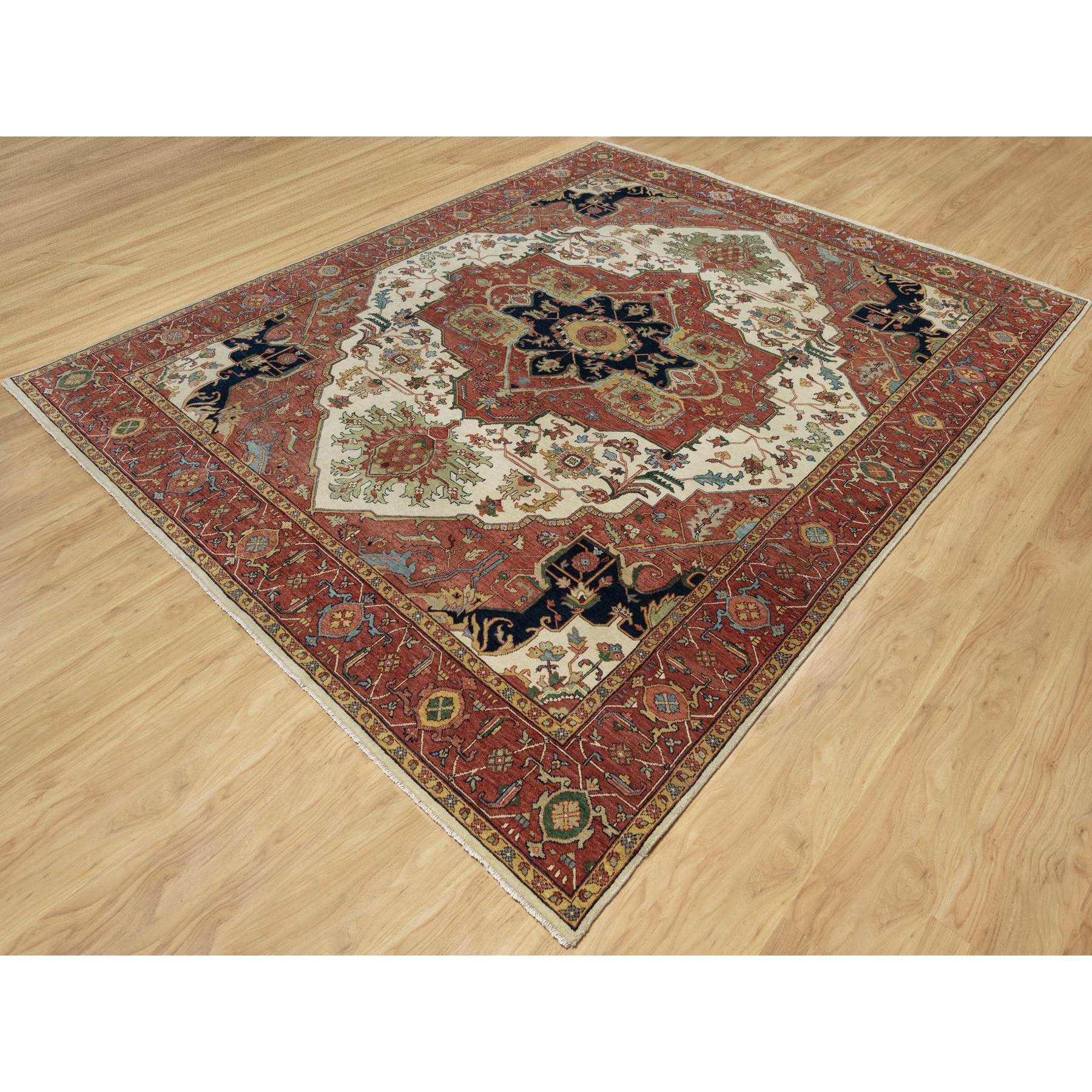 8'2"x10'2" Alabaster White with Red, Denser Weave, Antiqued Fine Heriz Re-Creation with Medallion Design, Hand Spun New Zealand Wool, Hand Knotted, Oriental Rug Sh91104