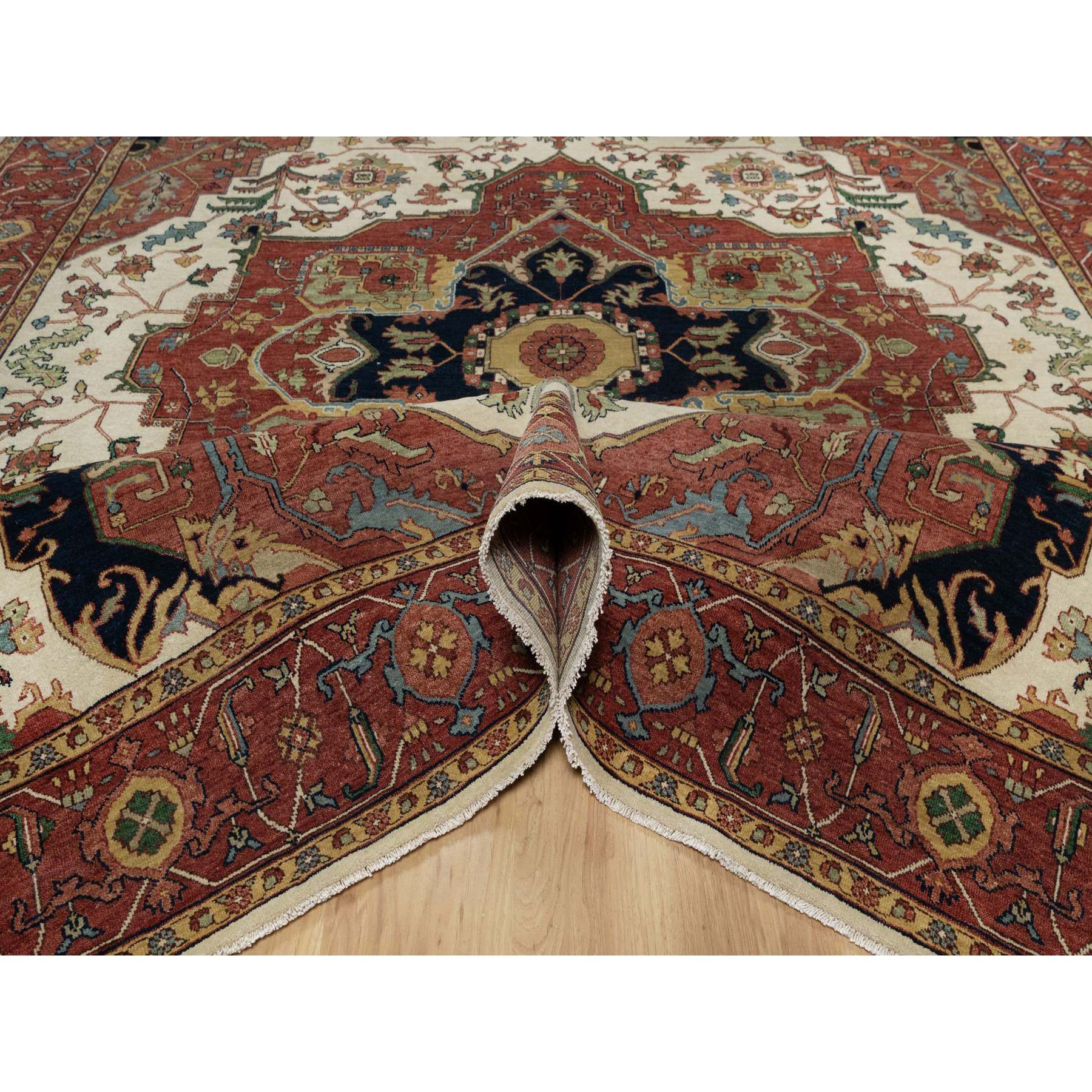 8'2"x10'2" Alabaster White with Red, Denser Weave, Antiqued Fine Heriz Re-Creation with Medallion Design, Hand Spun New Zealand Wool, Hand Knotted, Oriental Rug Sh91104