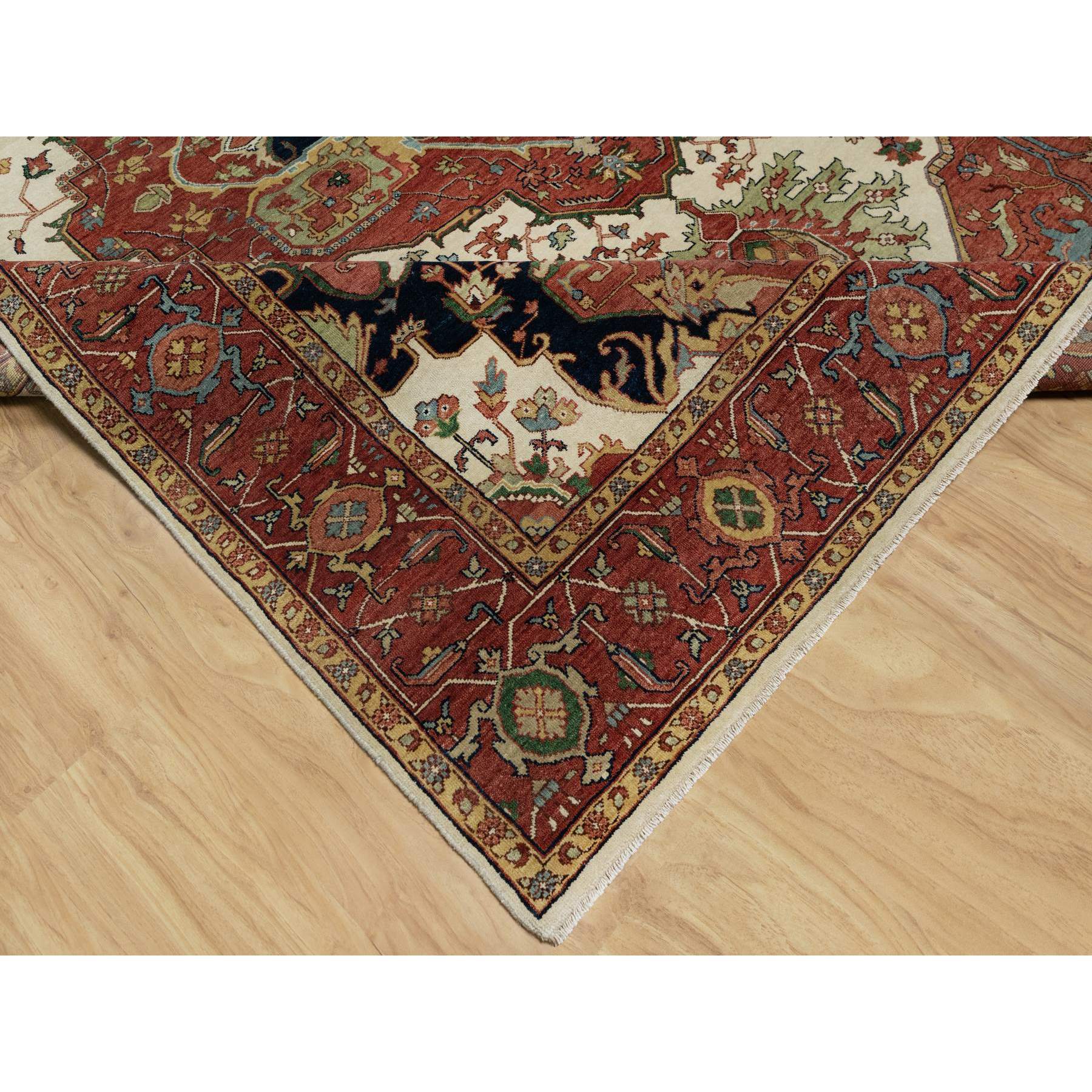 8'2"x10'2" Alabaster White with Red, Denser Weave, Antiqued Fine Heriz Re-Creation with Medallion Design, Hand Spun New Zealand Wool, Hand Knotted, Oriental Rug Sh91104