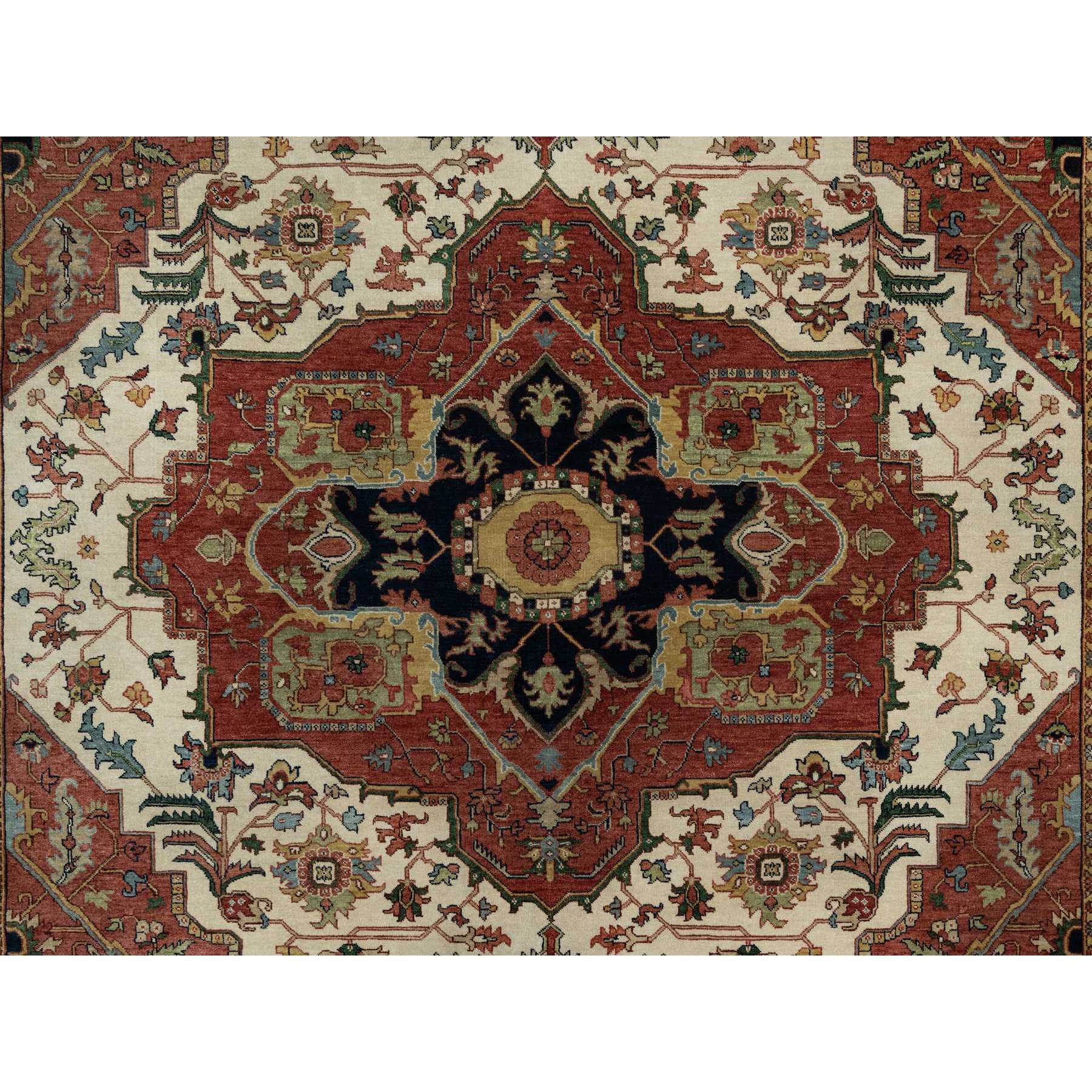 8'2"x10'2" Alabaster White with Red, Denser Weave, Antiqued Fine Heriz Re-Creation with Medallion Design, Hand Spun New Zealand Wool, Hand Knotted, Oriental Rug Sh91104