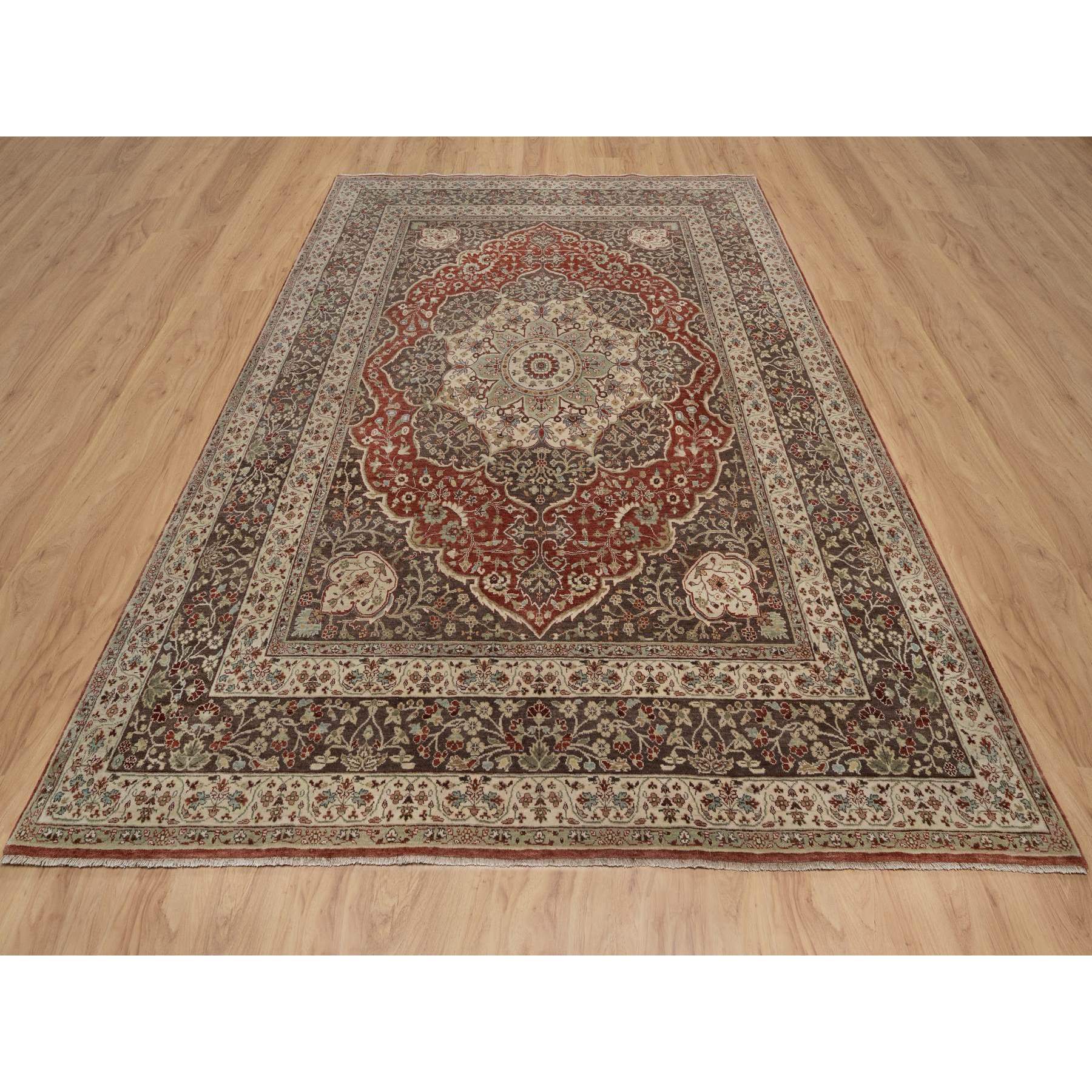 7'10"x10'1" Ruby Red with Coffee Brown, Hand Knotted, Antiqued Tabriz with Haji Jalili Design, 100% Wool, Vegetable Dyes, Soft Pile, Denser Weave, Oriental Rug Sh91105