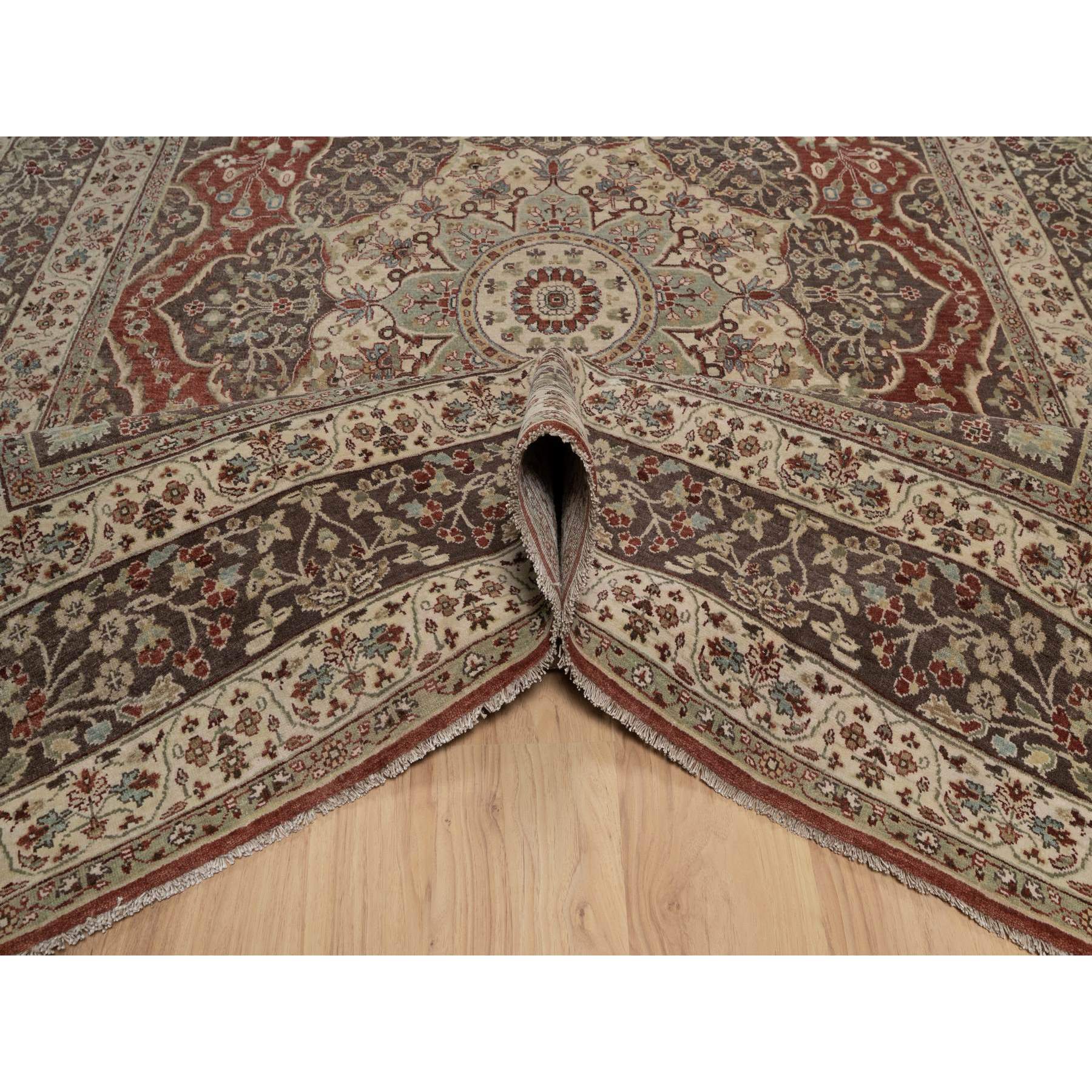 7'10"x10'1" Ruby Red with Coffee Brown, Hand Knotted, Antiqued Tabriz with Haji Jalili Design, 100% Wool, Vegetable Dyes, Soft Pile, Denser Weave, Oriental Rug Sh91105