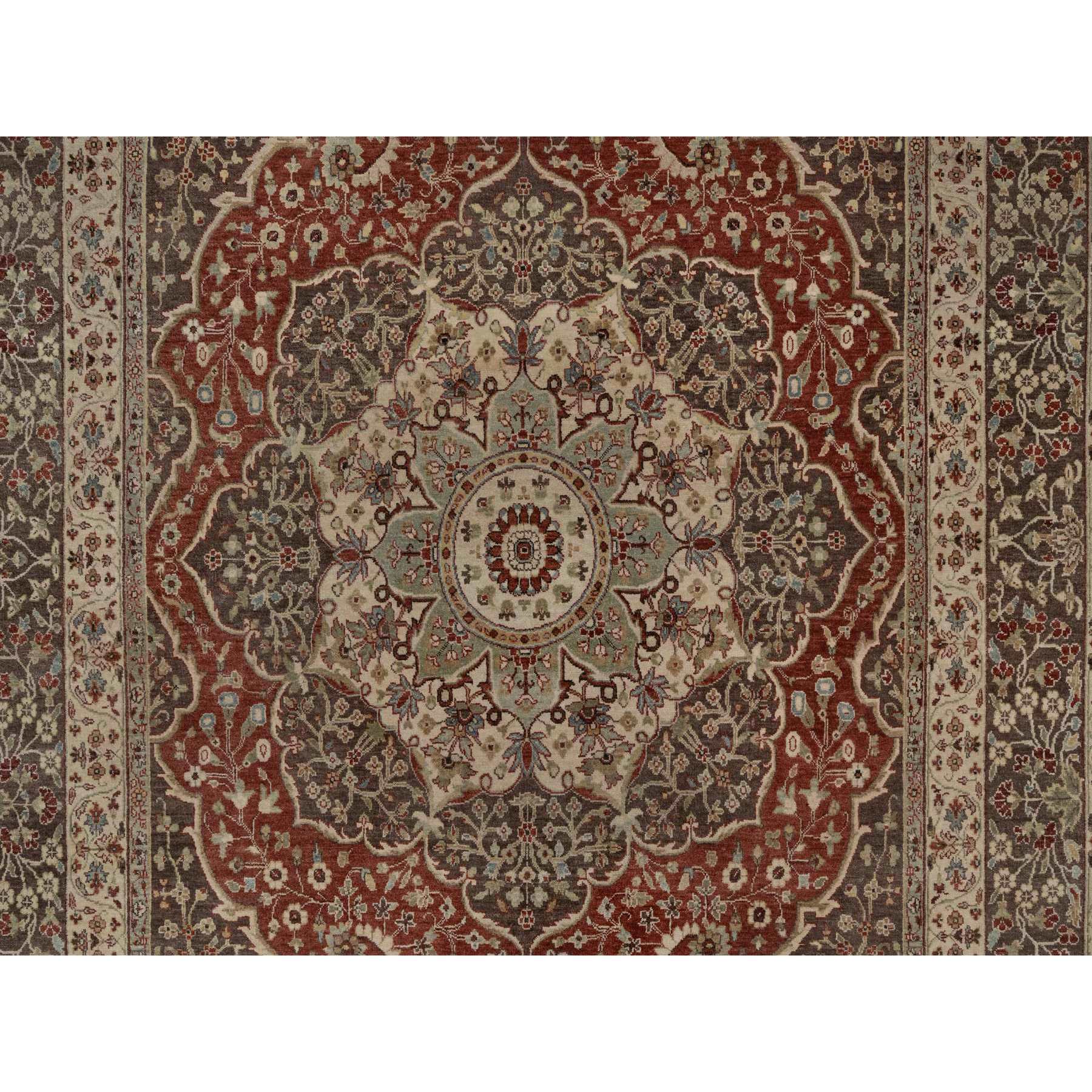 7'10"x10'1" Ruby Red with Coffee Brown, Hand Knotted, Antiqued Tabriz with Haji Jalili Design, 100% Wool, Vegetable Dyes, Soft Pile, Denser Weave, Oriental Rug Sh91105