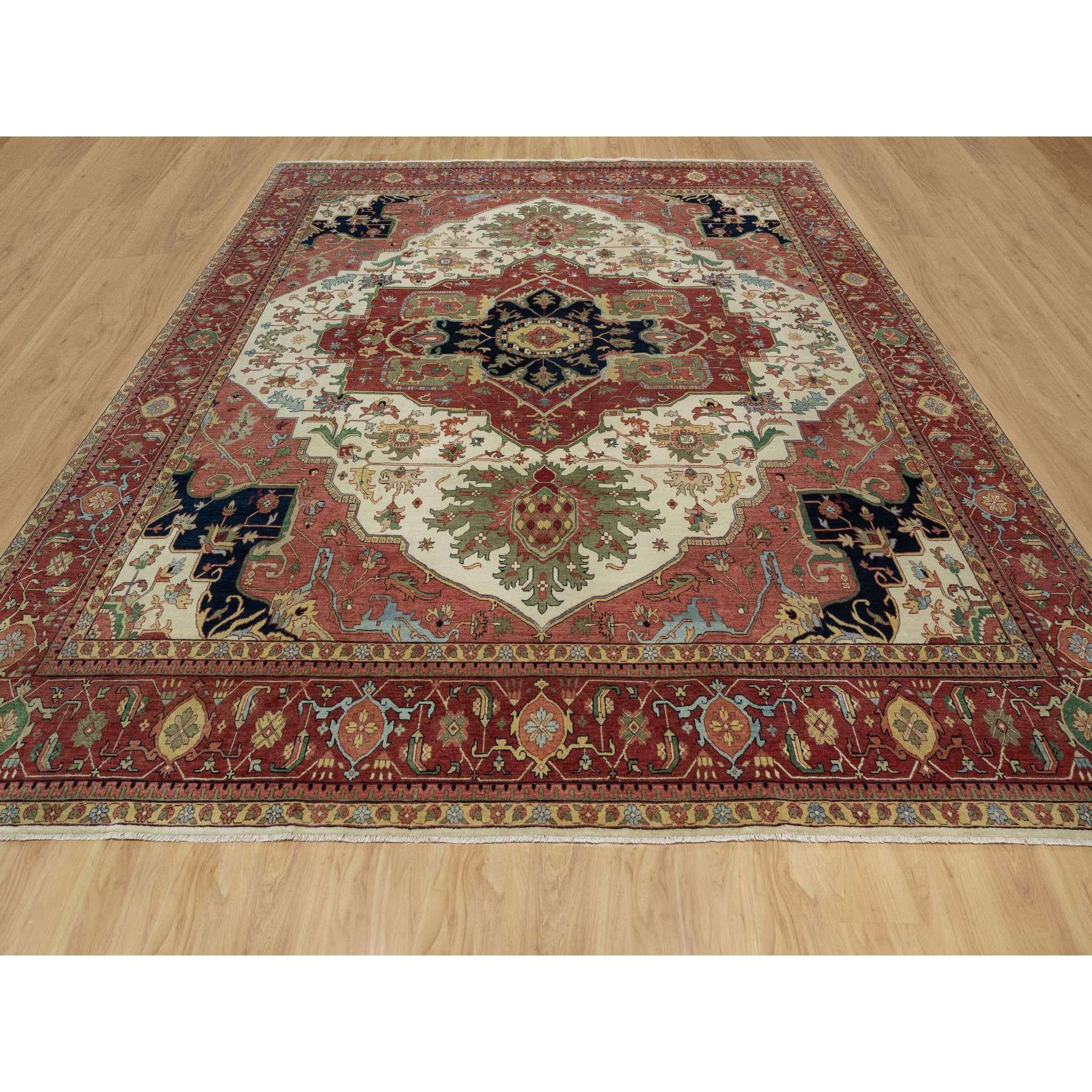 12'3"x12'3" Pearl White with Red, Antiqued Fine Heriz Re-Creation with Medallion Design, Denser Weave, Hand Spun New Zealand Wool, Hand Knotted, Square, Oriental Rug Sh91107