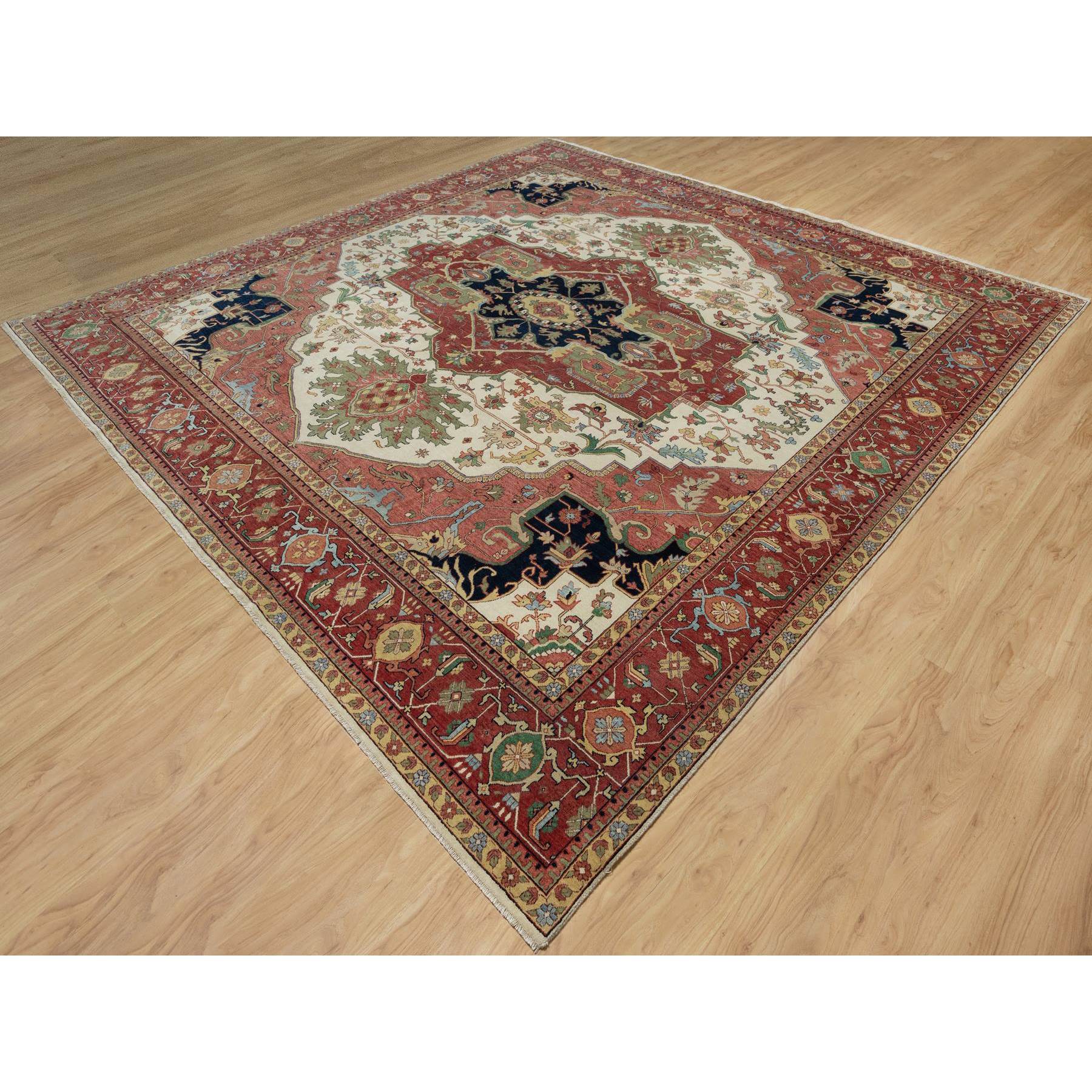 12'3"x12'3" Pearl White with Red, Antiqued Fine Heriz Re-Creation with Medallion Design, Denser Weave, Hand Spun New Zealand Wool, Hand Knotted, Square, Oriental Rug Sh91107