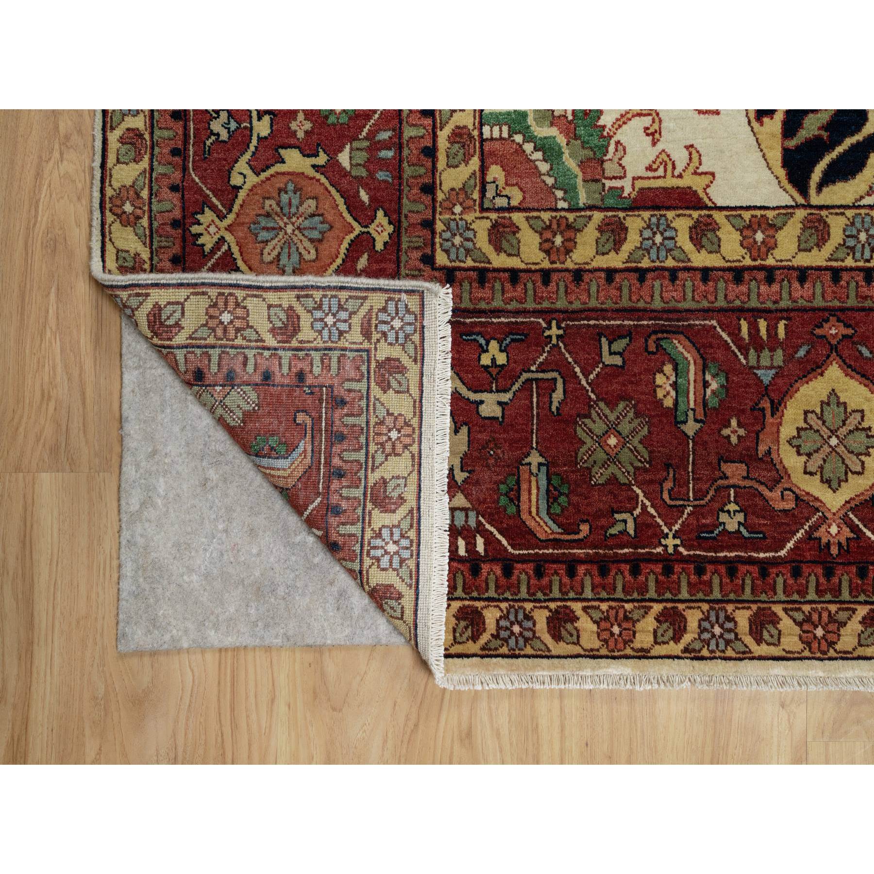 12'3"x12'3" Pearl White with Red, Antiqued Fine Heriz Re-Creation with Medallion Design, Denser Weave, Hand Spun New Zealand Wool, Hand Knotted, Square, Oriental Rug Sh91107
